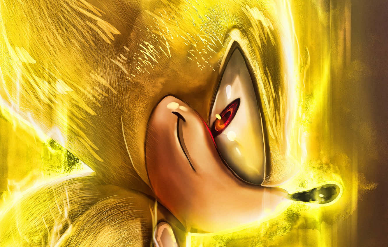 Super Sonic 桌布 壁紙 — 金色刺蝟的特寫，擁有發光的紅色眼睛，臉部周圍有動態能量條紋。