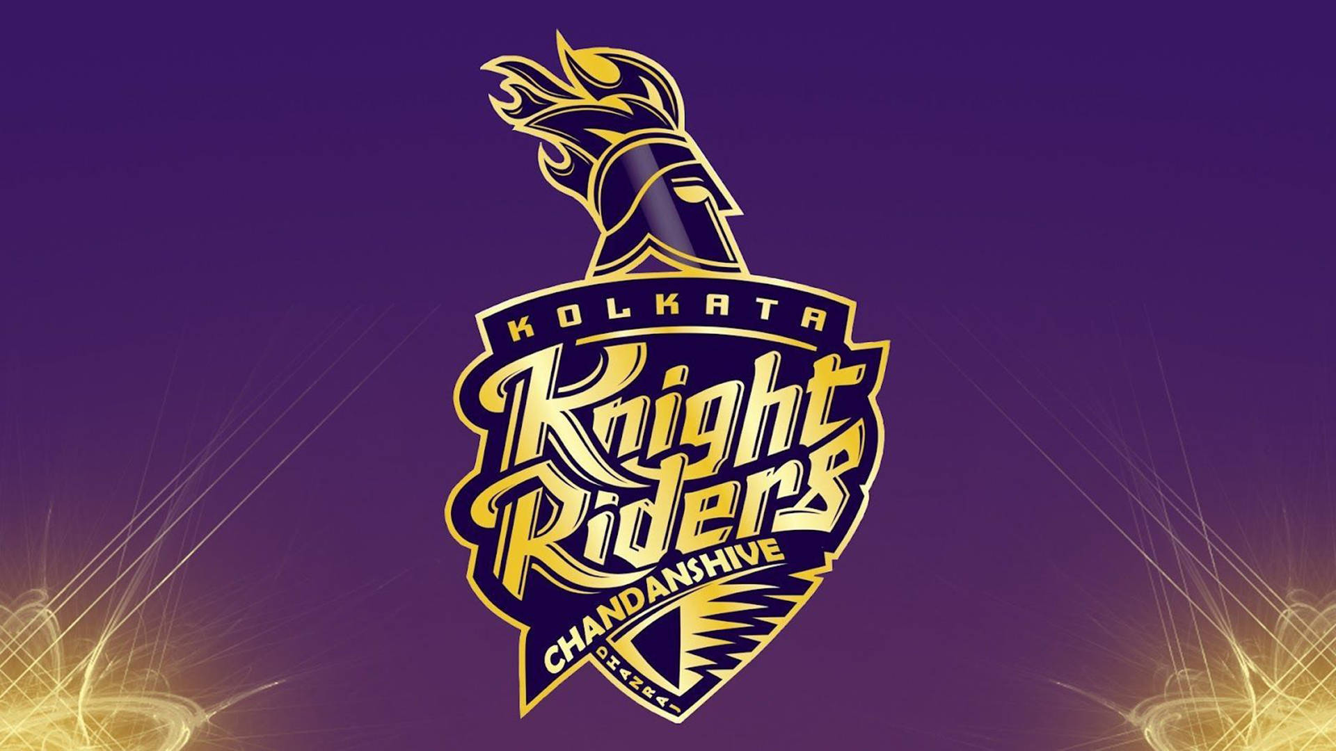 Riders 桌布 壁紙 — 金色加爾各答騎士隊板球隊標誌，帶有騎士頭盔，紫色漸層背景，帶有發光光條。