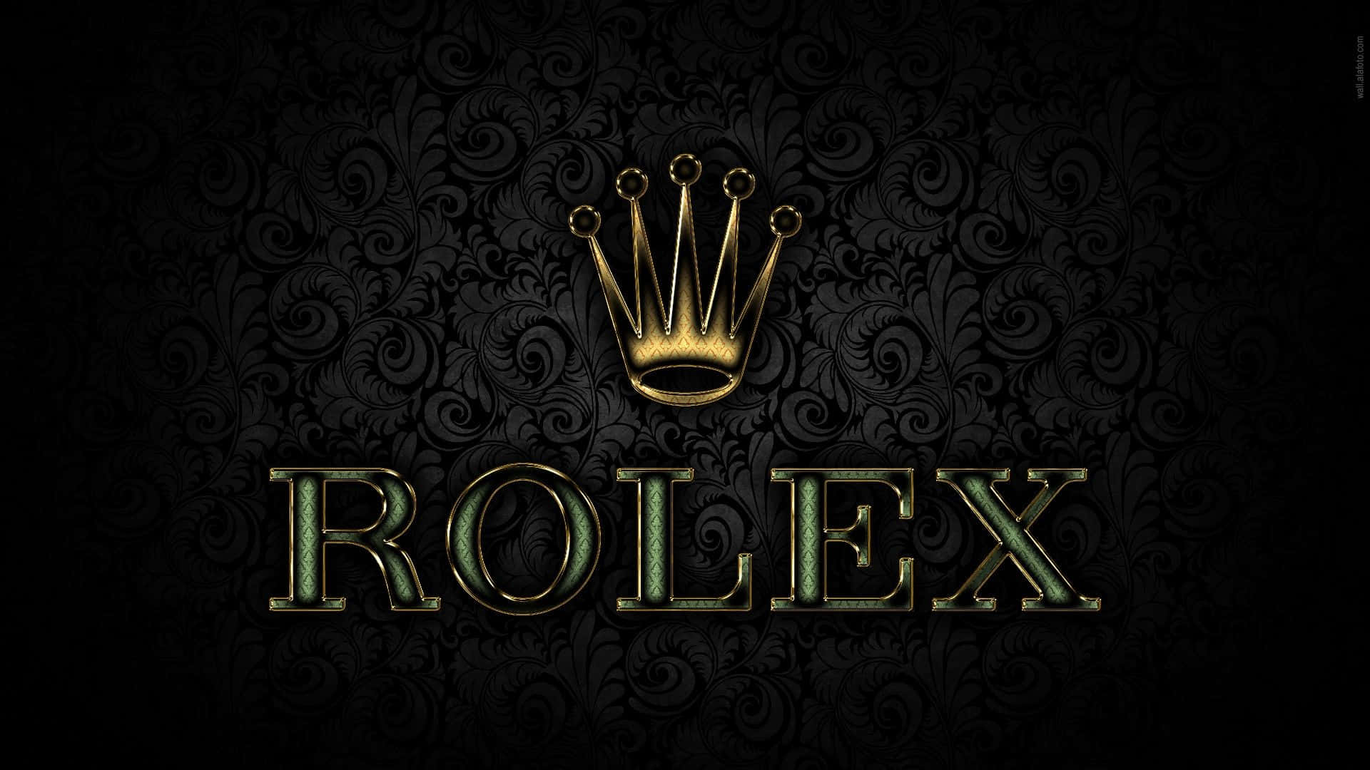 Luxury Brands 桌布 壁紙 — 金色勞力士皇冠和標誌在帶有漩渦狀大馬士革圖案的黑色華麗壁紙上閃耀。