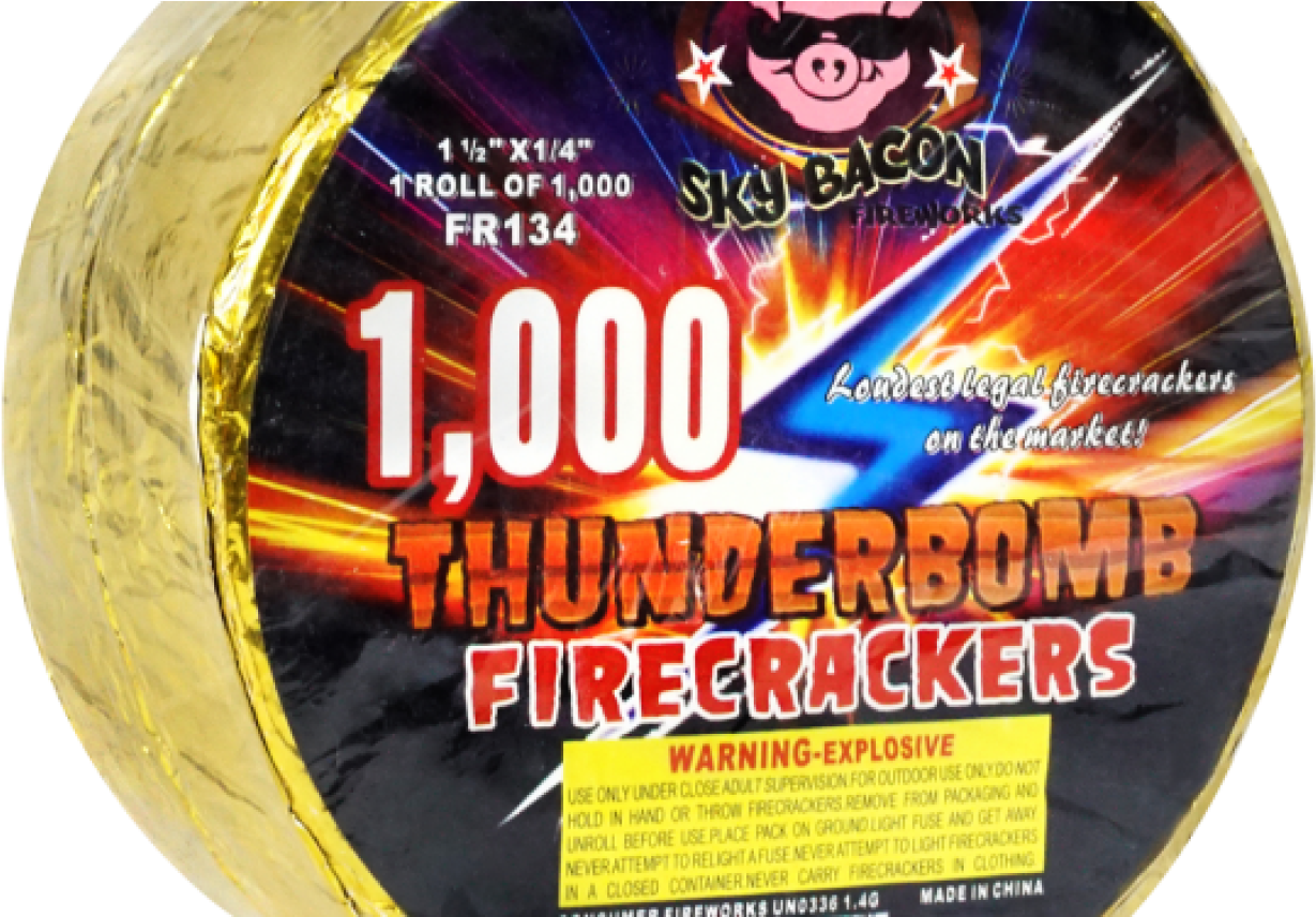Firecracker 桌布 壁紙 — 金色包裝的1000響Thunderbomb鞭炮特寫，帶有醒目的紅色和藍色爆炸圖案及卡通豬標誌。