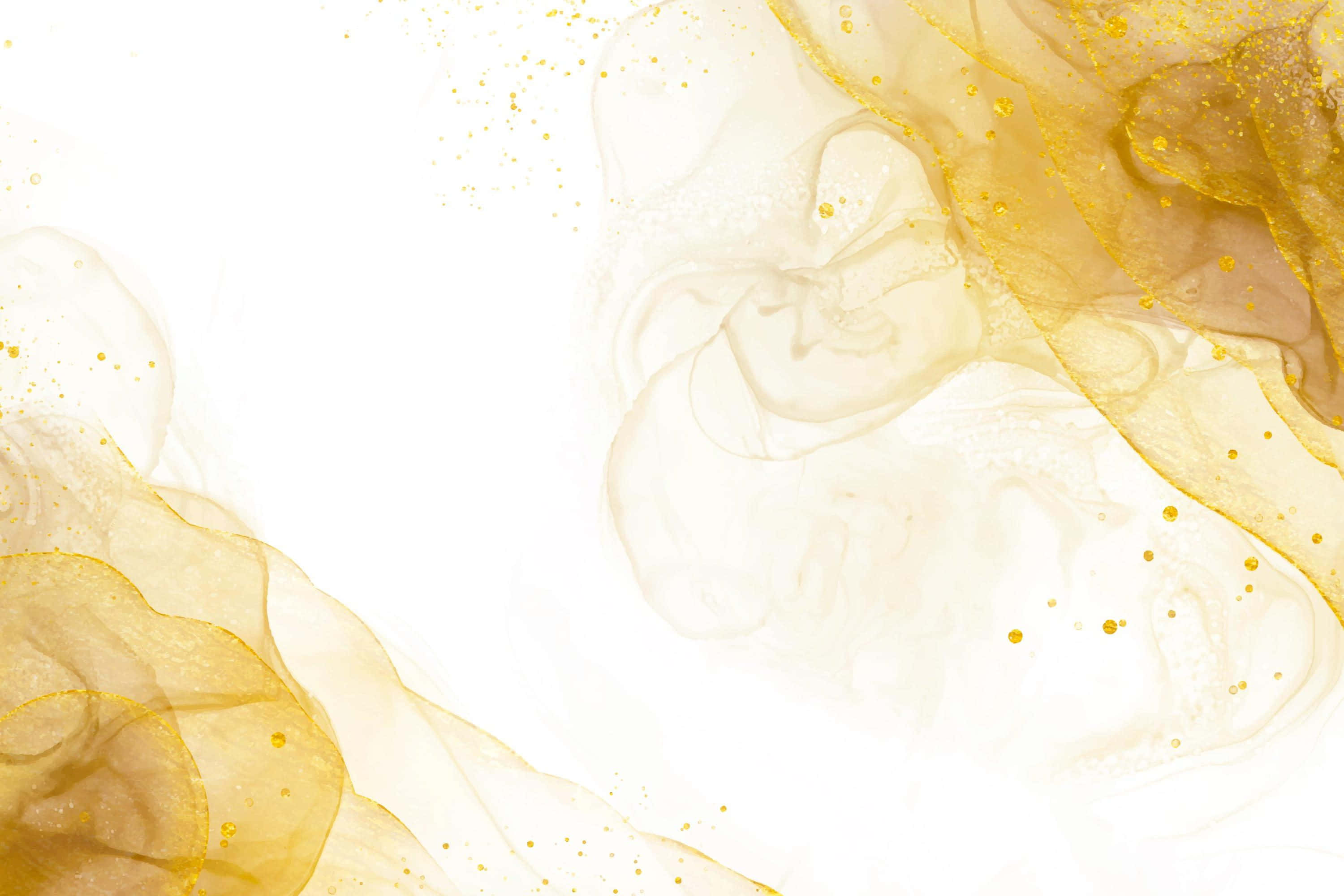 White And Gold 桌布 壁紙 — 金色半透明流體漩渦帶著閃爍微粒，在純白畫布上飄移，構成奢華抽象構圖。