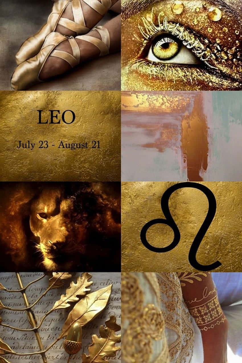 Leo Aesthetic 桌布 壁紙 — 金色占星拼貼畫，包含芭蕾舞鞋、獅子眼睛、星座符號和華麗的金箔圖案。