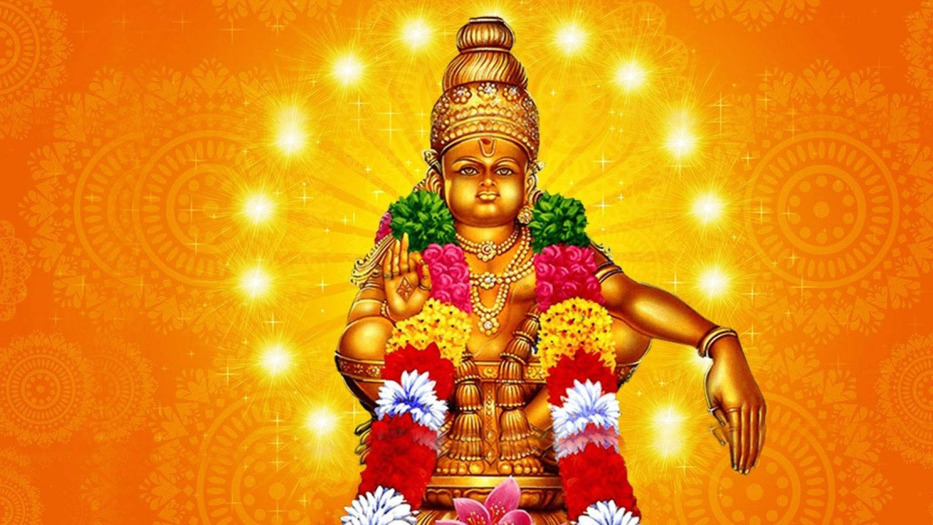 Ayyappa 桌布 壁紙 — 金色印度教神祇裝飾著色彩繽紛的花朵和珠寶，在發光的橙色曼陀羅背景下散發出神聖的光芒。