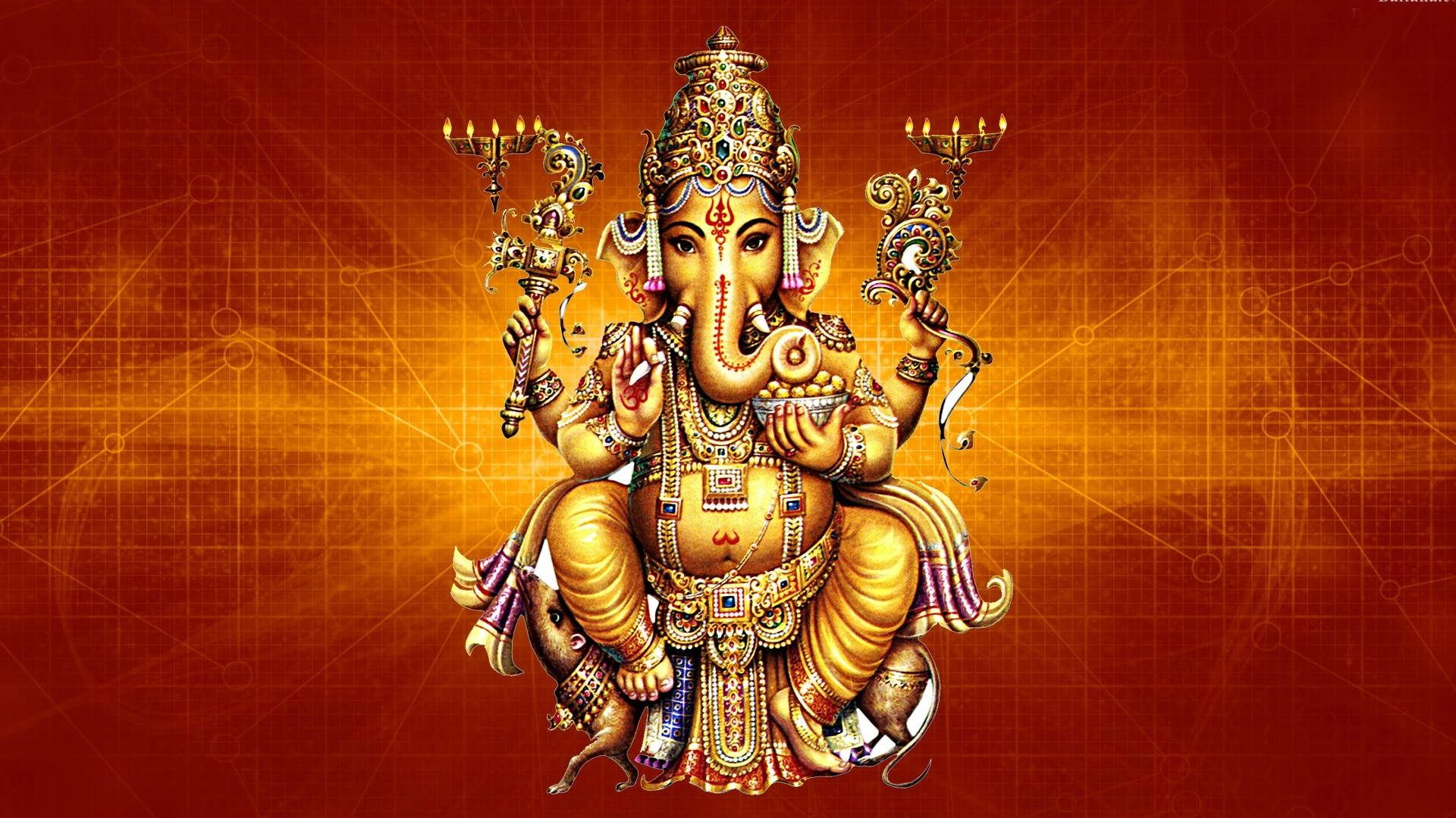 Hindu God 桌布 壁紙 — 金色印度教象頭神Ganesha，飾有珠寶，手持象徵物品，背景為明亮的橙色幾何圖案。