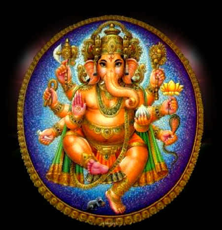 Ganesh 桌布 壁紙 — 金色印度教象頭神伽內什盤腿坐在華麗的圓形框架中，手持象徵物品，背景為宇宙藍色。