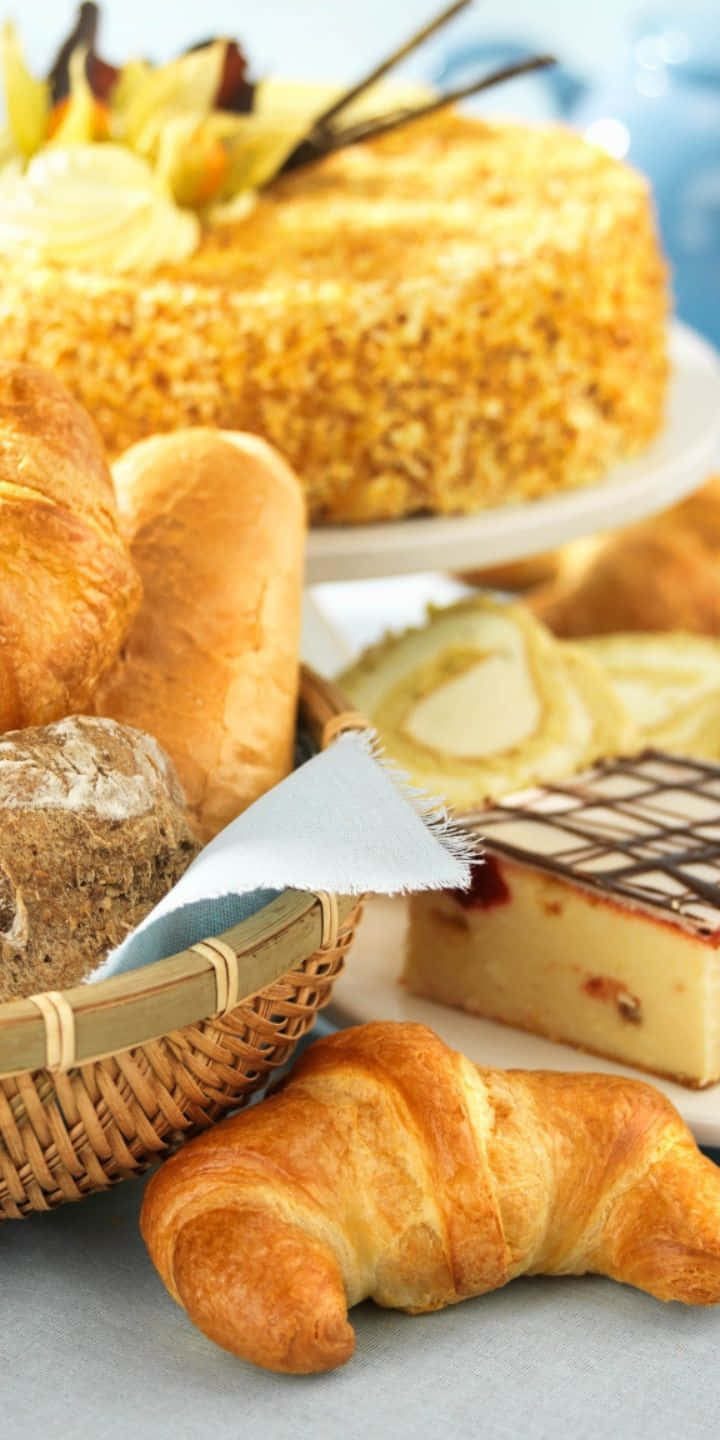 Pastry 桌布 壁紙 — 金色可頌和各式糕點的特寫，誘人地擺放在柳條籃和盤子上。