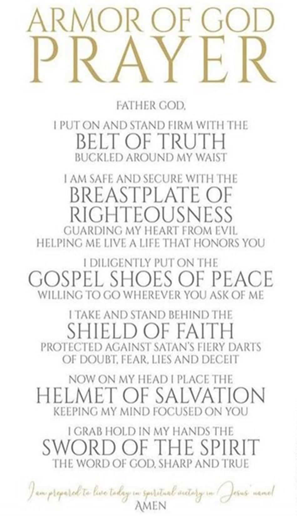 Armor Of God 桌布 壁紙 — 金色和灰色的文字祈禱，詳細描述屬靈盔甲的比喻，背景為潔淨的白色。