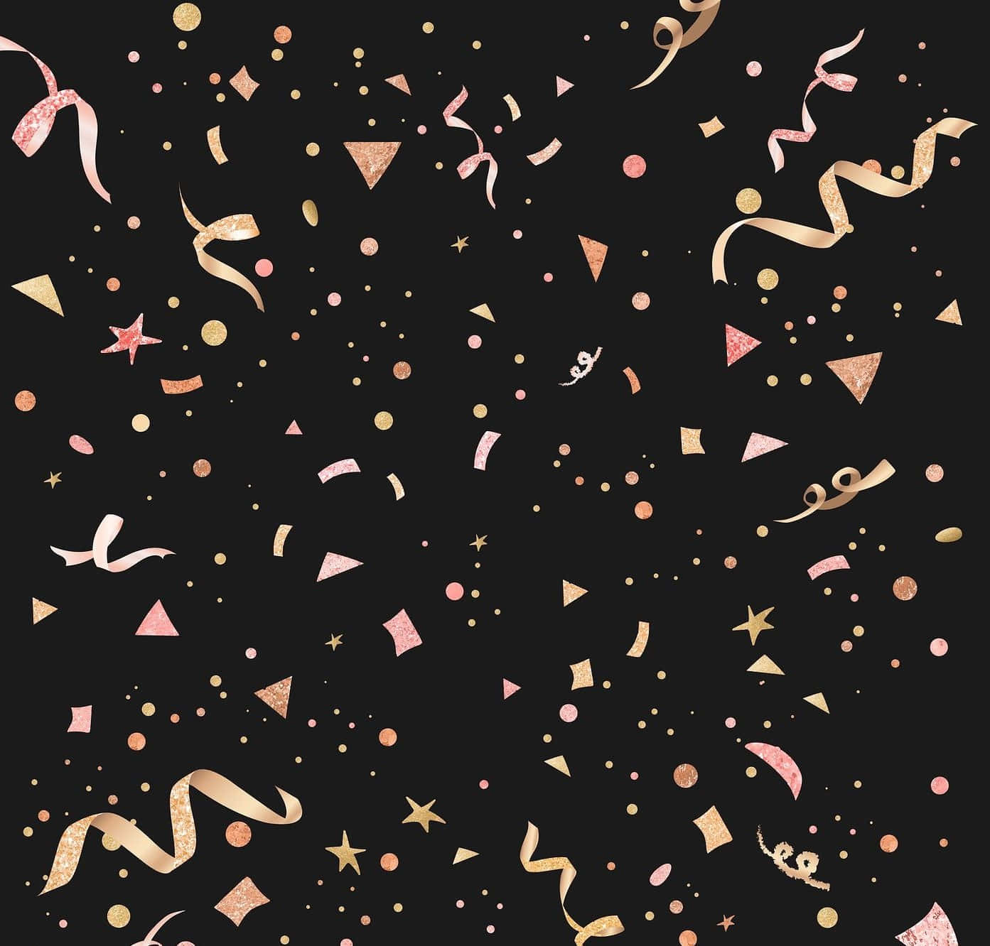 Confetti 桌布 壁紙 — 金色和玫瑰金色紙屑絲帶、星星和圓點在純黑色背景上漂浮。