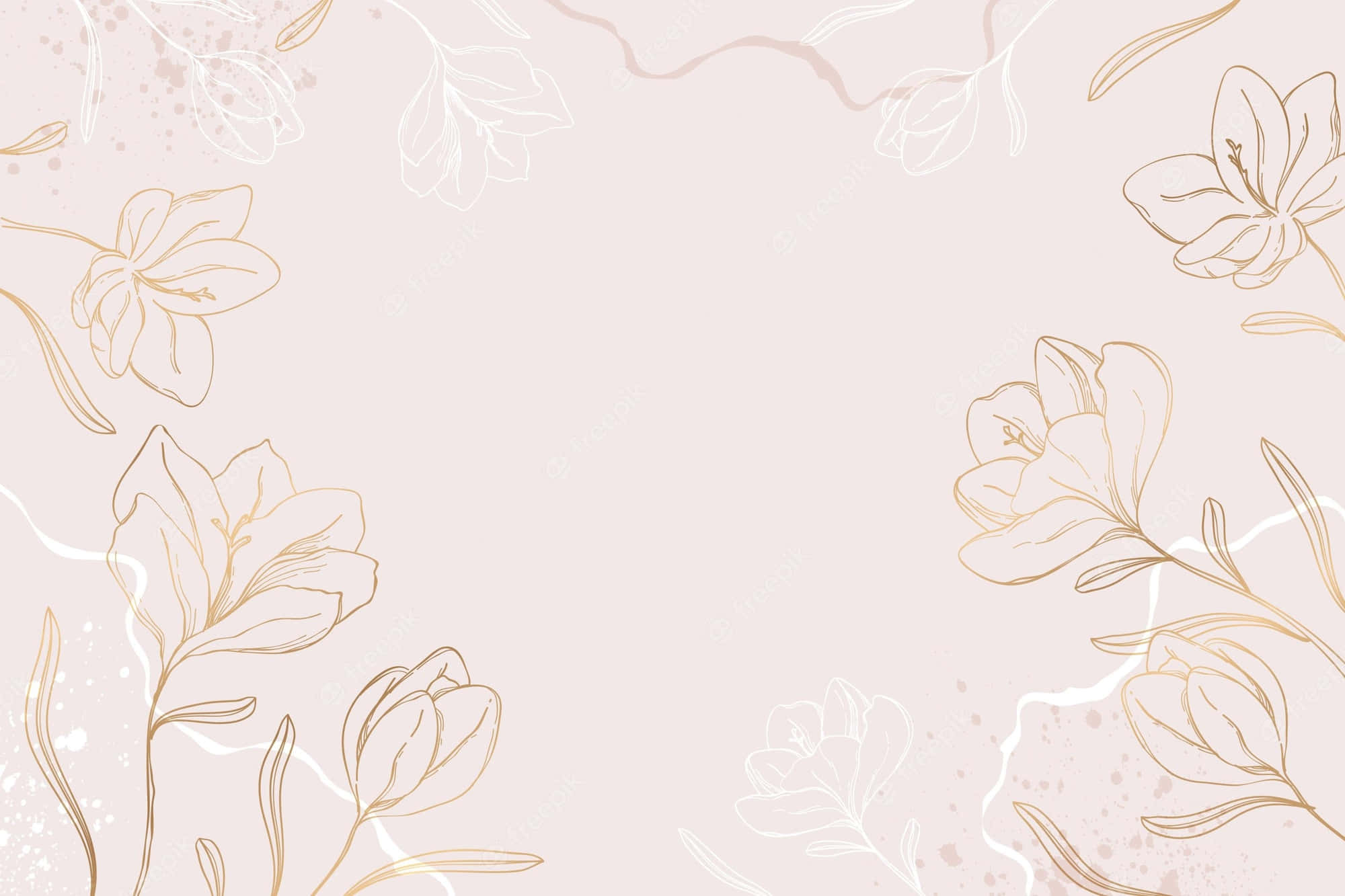 Watercolor Floral 桌布 壁紙 — 金色和白色的優雅花卉線條藝術，環繞著柔和的腮紅背景，帶有細膩的水彩潑濺效果。