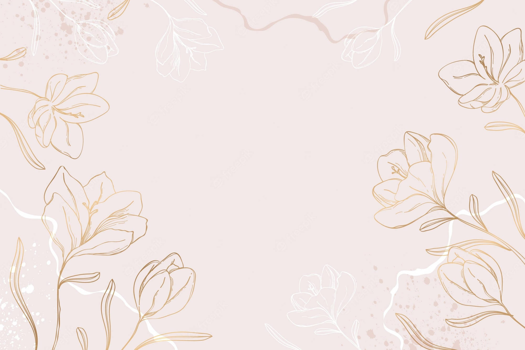 Flowers Aesthetic 桌布 壁紙 — 金色和白色的優雅花卉線條藝術，環繞著帶有細膩水彩潑濺的柔和腮紅背景。