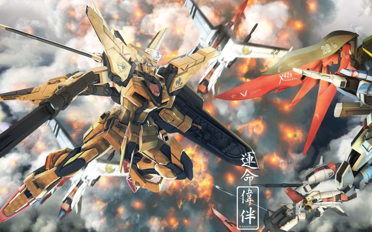 Gundam Desktop 桌布 壁紙 — 金色和紅色機甲在熾熱爆炸和暴風雲中戰鬥的動態動漫場景。