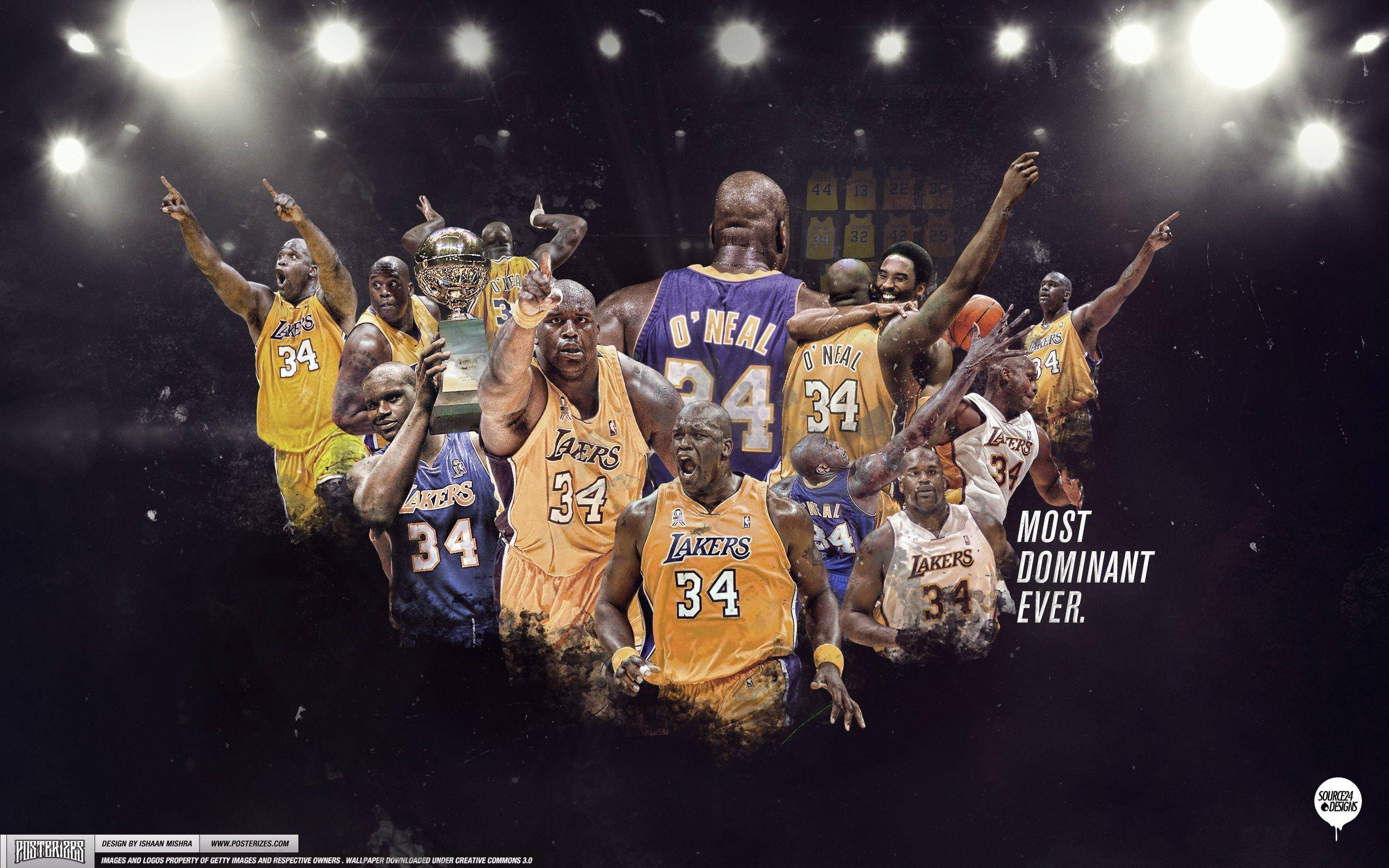 Shaquille O'neal 桌布 壁紙 — 金色和紫色球衣的湖人籃球傳奇在明亮的場館燈光下慶祝冠軍獎盃的動態拼貼。