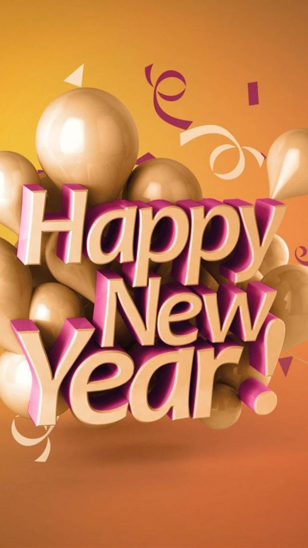 Happy New Year iPhone 桌布 壁紙 — 金色和紫色的3D渲染「Happy New Year!」文字，周圍環繞著氣球和五彩紙屑，背景為溫暖的漸變色。