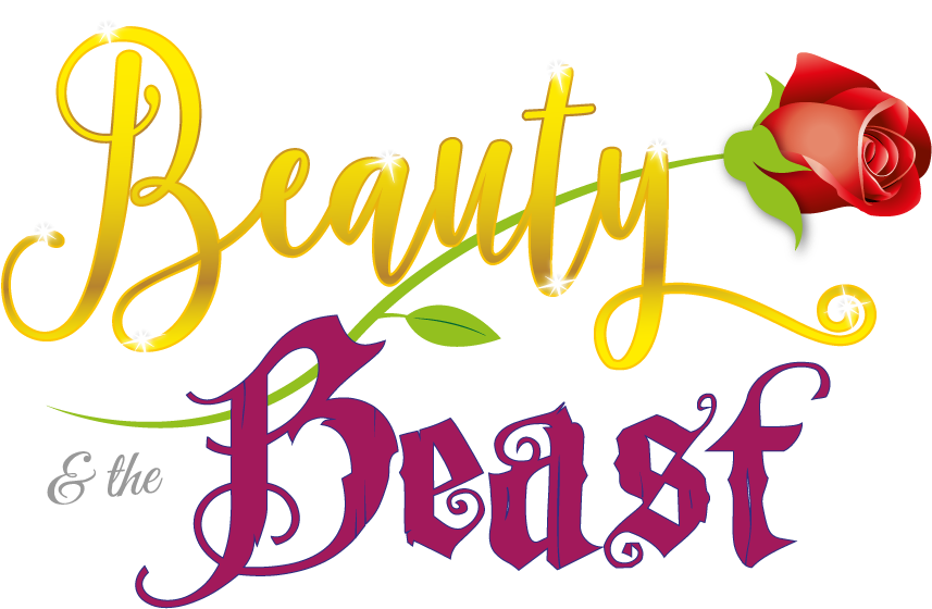 美女與野獸 桌布 壁紙 — 金色和紫色的風格化文字顯示 Beauty & the Beast，並在黑色背景上有一朵紅玫瑰和白色花朵。