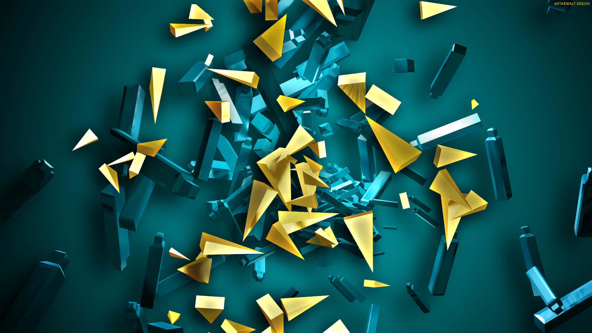 Cool Abstract 桌布 壁紙 — 金色和藍綠色的幾何碎片在深藍綠色背景上動態漂浮，形成一個數位3D渲染的抽象場景。