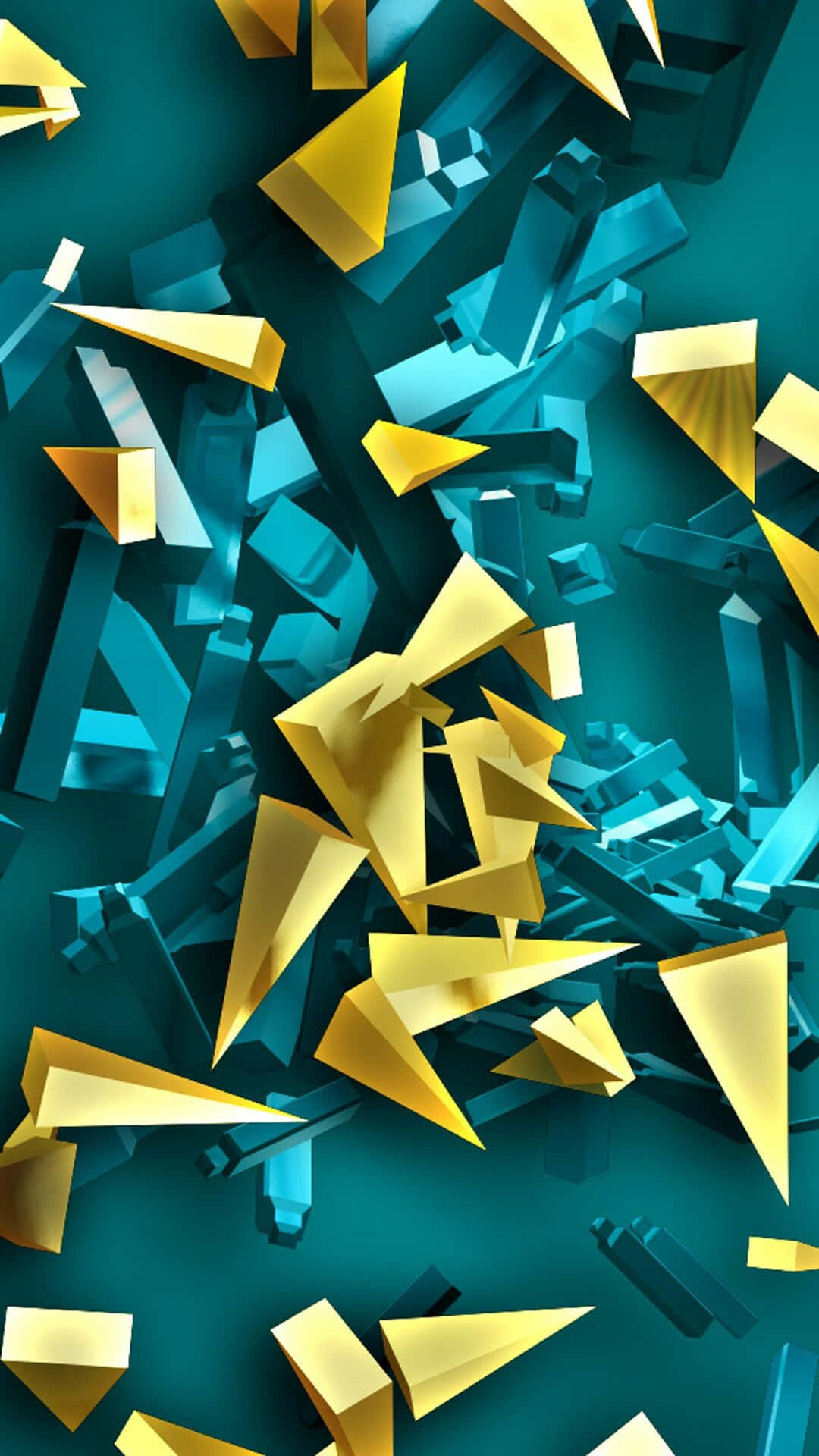 Cool Abstract 桌布 壁紙 — 金色和藍綠色的幾何碎片在深藍綠色背景上動態漂浮，形成數位抽象構圖。