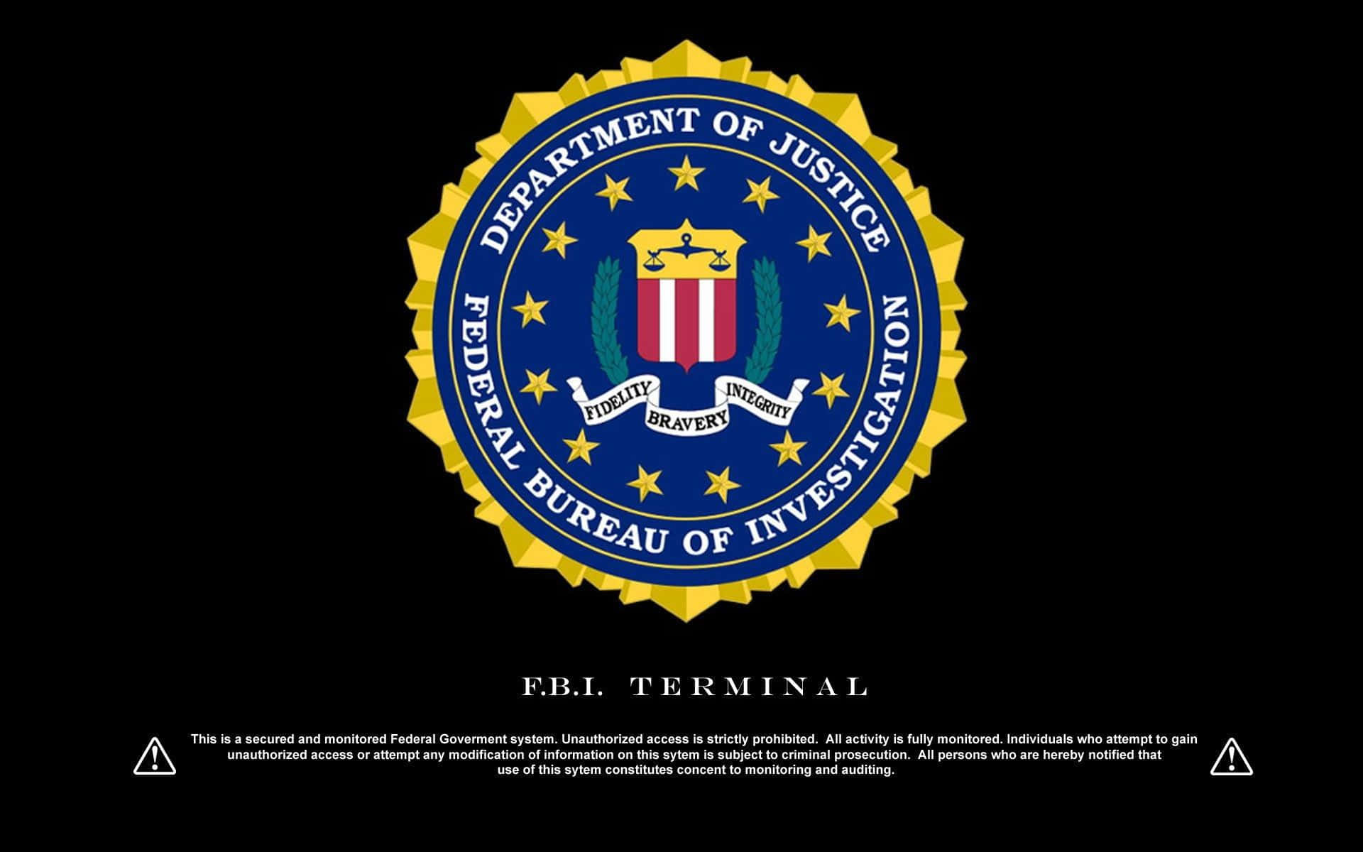 Fbi 桌布 壁紙 — 金色和藍色的FBI徽章，黑色背景，下方有終端警告文字。
