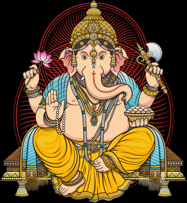 Hindu God 桌布 壁紙 — 金色和藍色裝飾的象頭神伽內什盤腿而坐，手持蓮花斧和碗，背景是紅色螺旋光環。
