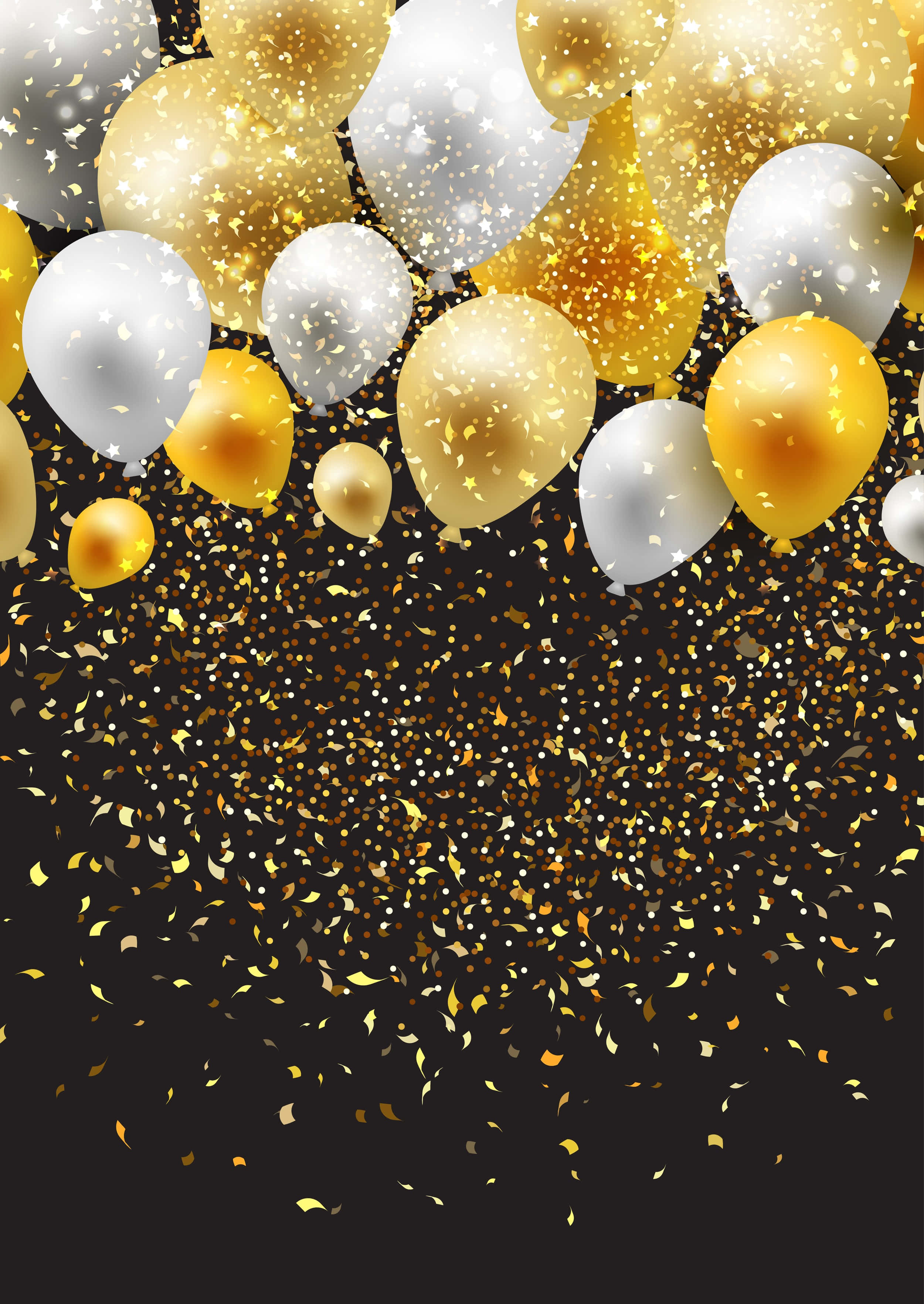 Fiesta 桌布 壁紙 — 金色和銀色氣球在黑暗背景中飄浮於落下的亮片之間，營造出節日慶祝場景。