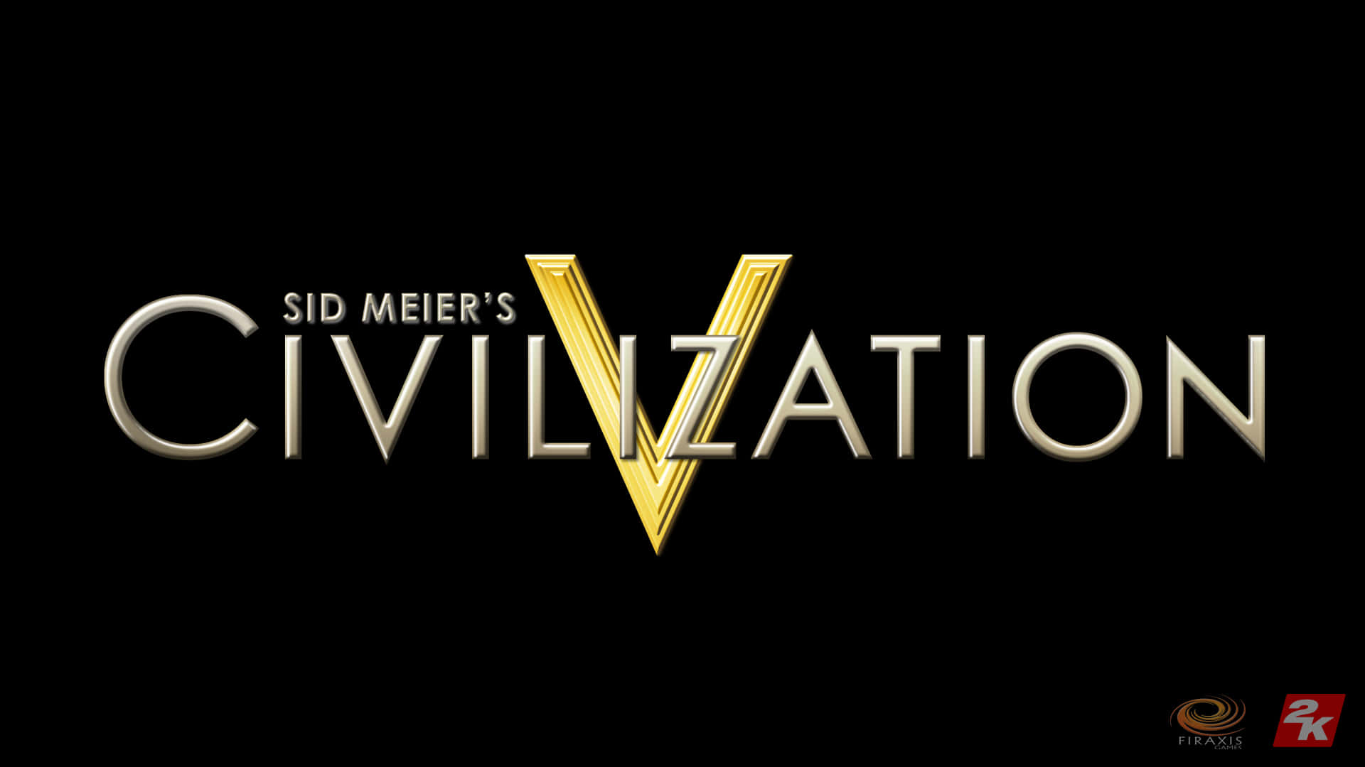 1080p Civilization V 桌布 壁紙 — 金色和銀色的「Sid Meier's Civilization V」標誌在純黑色背景上閃耀，角落有發行商標誌。