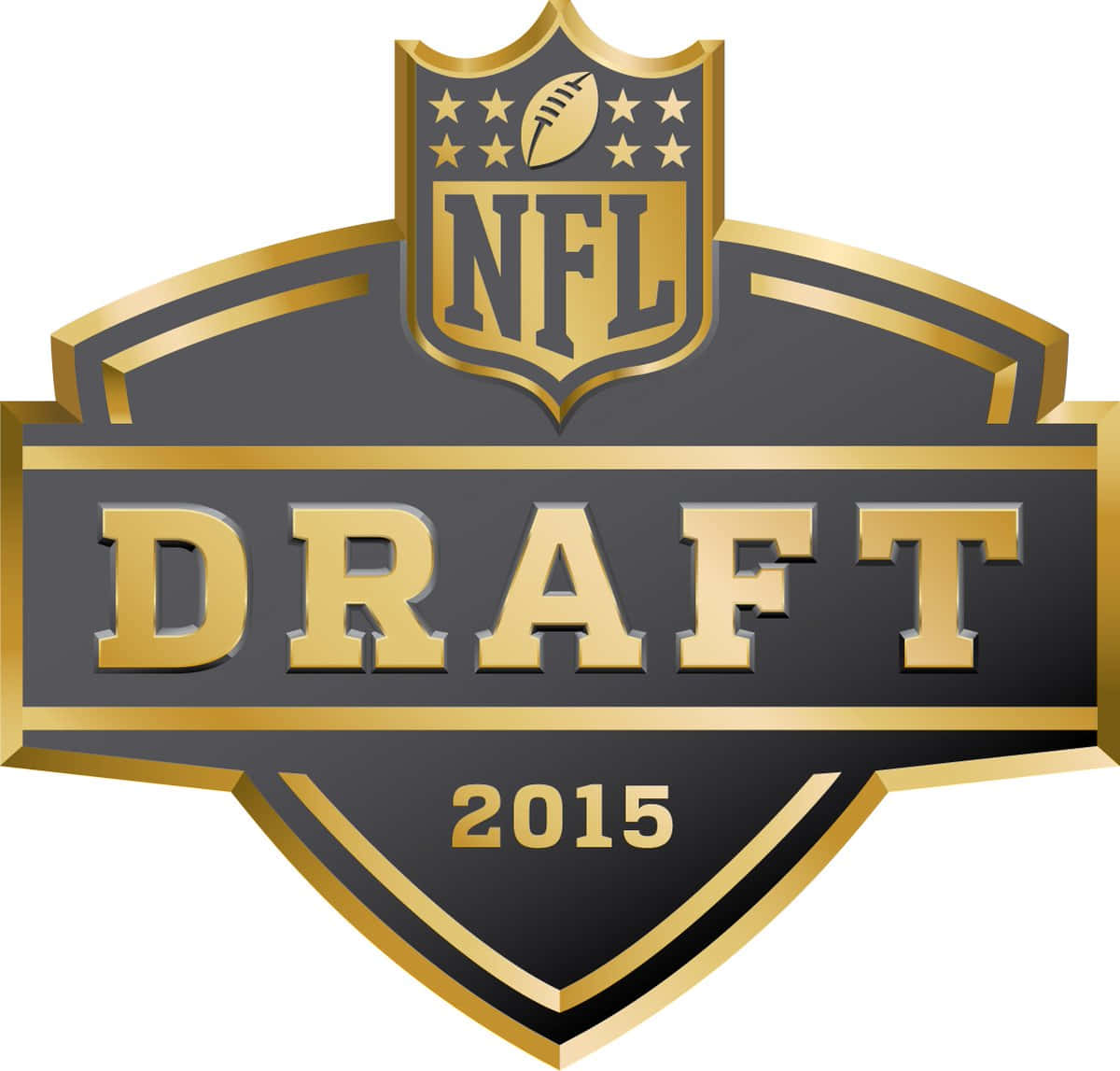 NFL 桌布 壁紙 — 金色和黑色的NFL Draft 2015標誌，帶有盾牌徽章和粗體字，背景為白色。