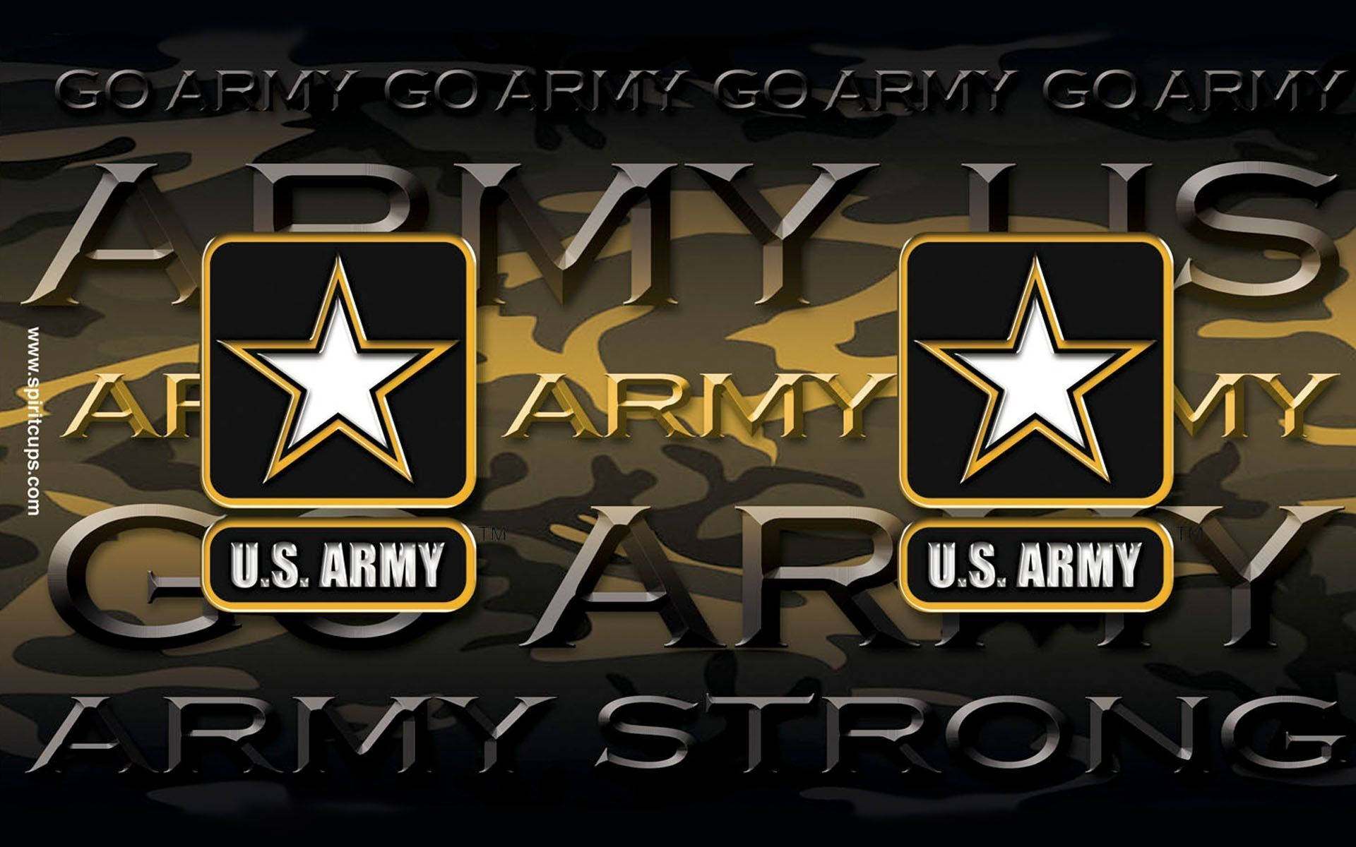 US 桌布 壁紙 — 金色和黑色的美國陸軍星形標誌在重複「ARMY」文字的迷彩背景上脫穎而出。