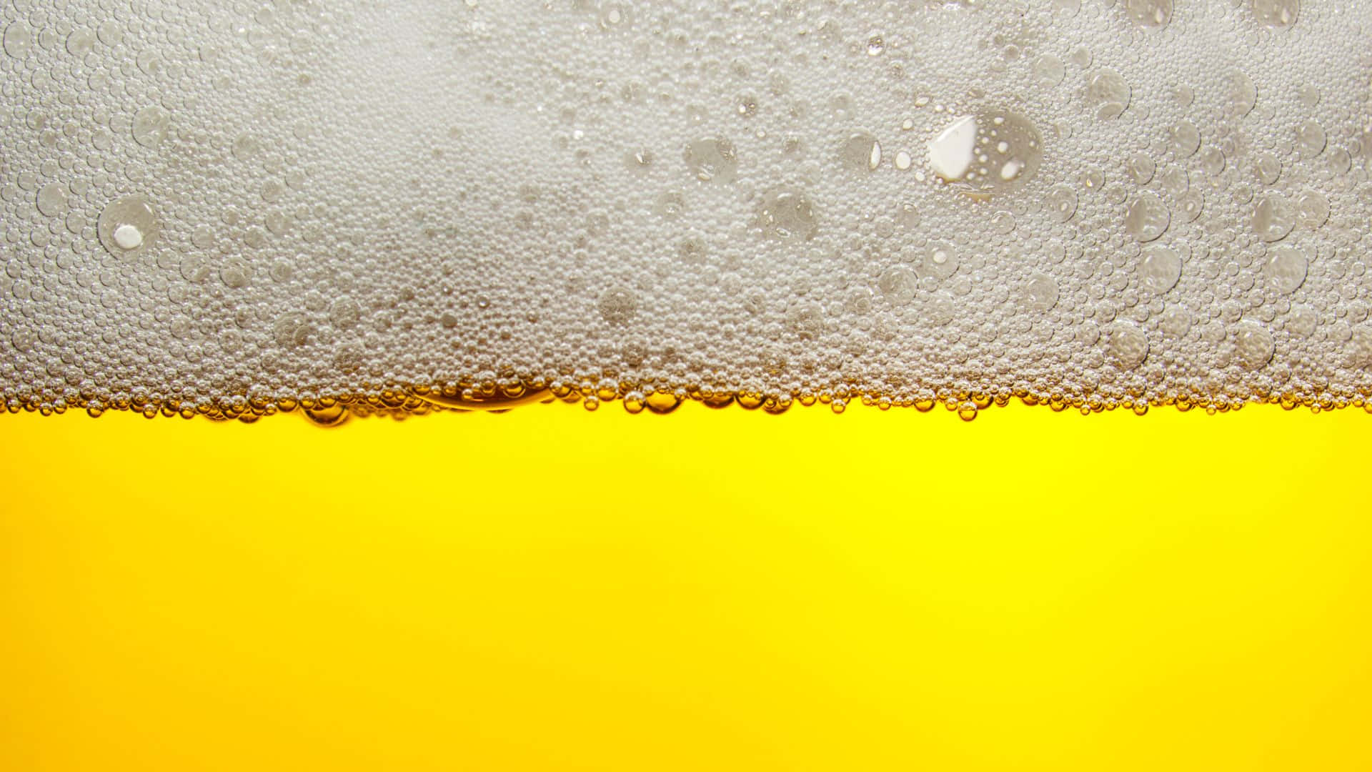 Beer 桌布 壁紙 — 金色啤酒的特寫，帶有泡沫狀白色氣泡，在充滿活力的黃色背景上形成紋理皇冠。