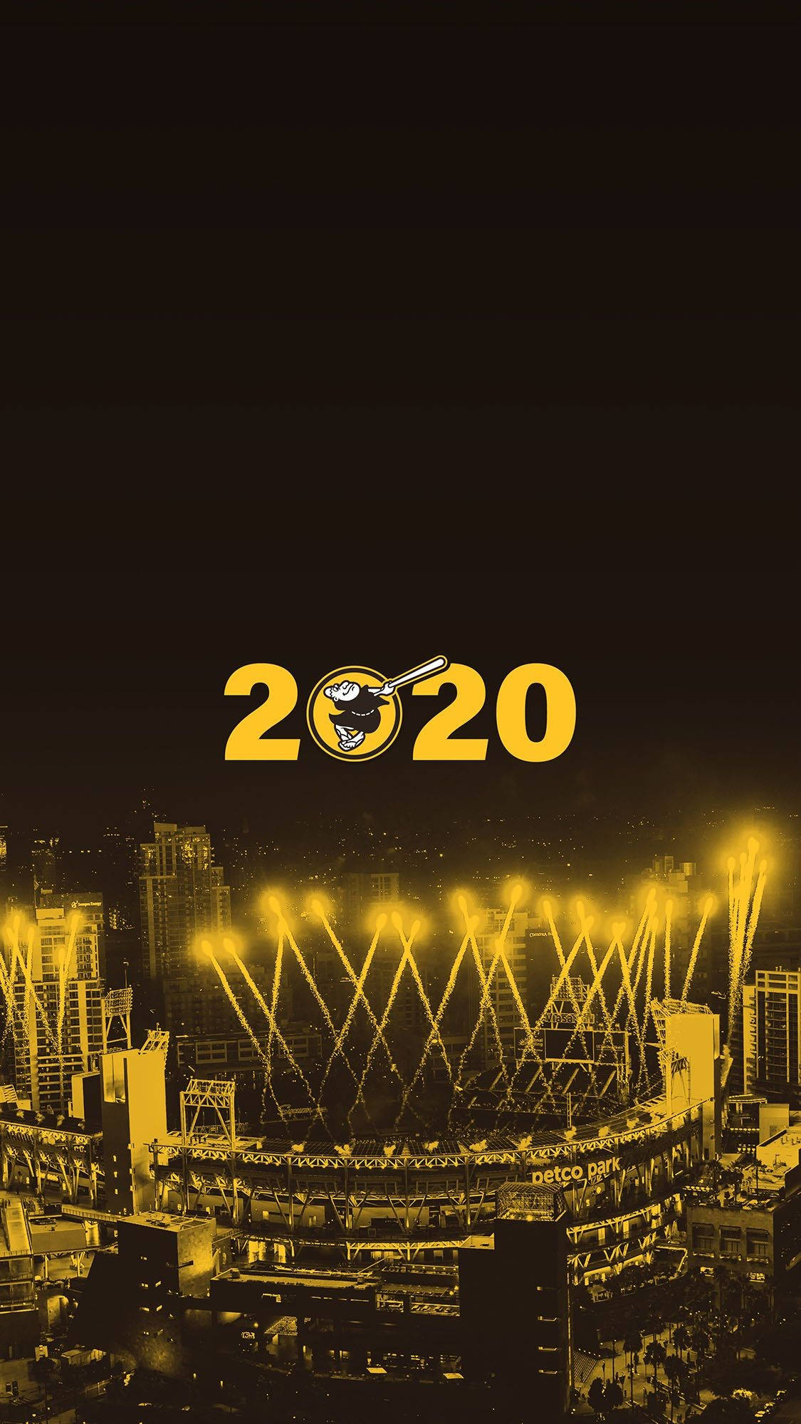 Padres 桌布 壁紙 — 金色單色夜景城市景觀，夜晚有體育館被煙火照亮，並突出顯示2020年。