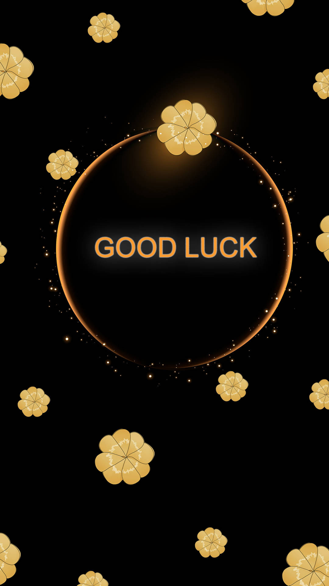 Good Luck 桌布 壁紙 — 金色四葉草漂浮在一個發光的球體周圍，球體在黑色背景上顯示「好運」字樣。