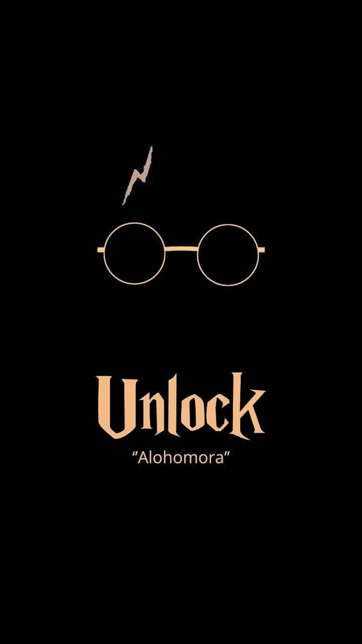 金色眼鏡和閃電，帶有 Unlock 和 Alohomora 文字，黑色背景。 — 黑金動畫 壁紙