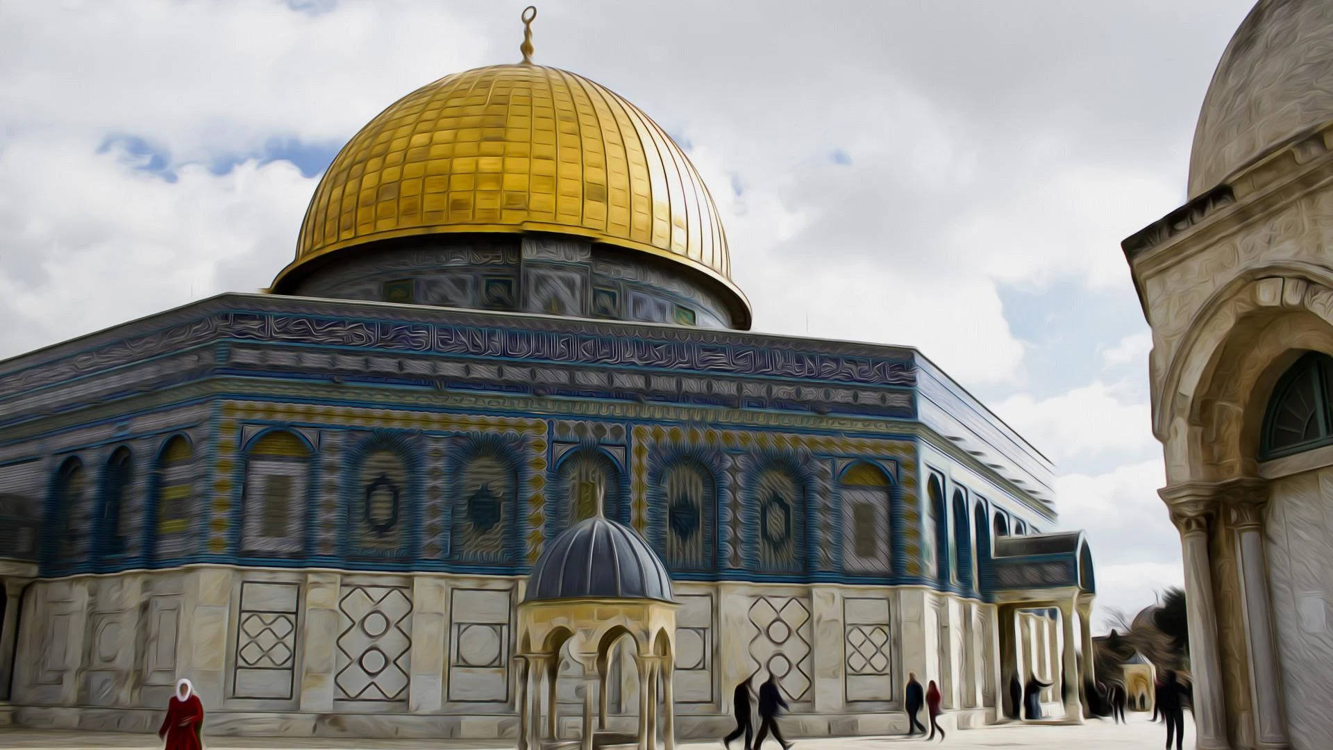 Palestine 桌布 壁紙 — 金色圓頂岩石在陰天下閃耀，帶有複雜的藍色瓷磚工藝和附近走動的遊客。