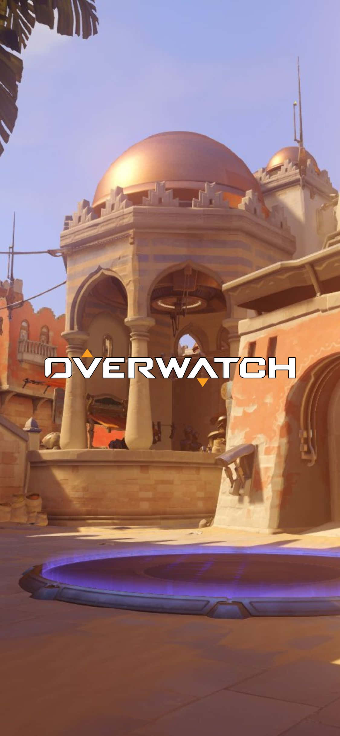 iPhone X Overwatch 桌布 壁紙 — 金色圓頂清真寺，拱形柱廊，在明亮的沙漠陽光下閃耀的藍色水池。