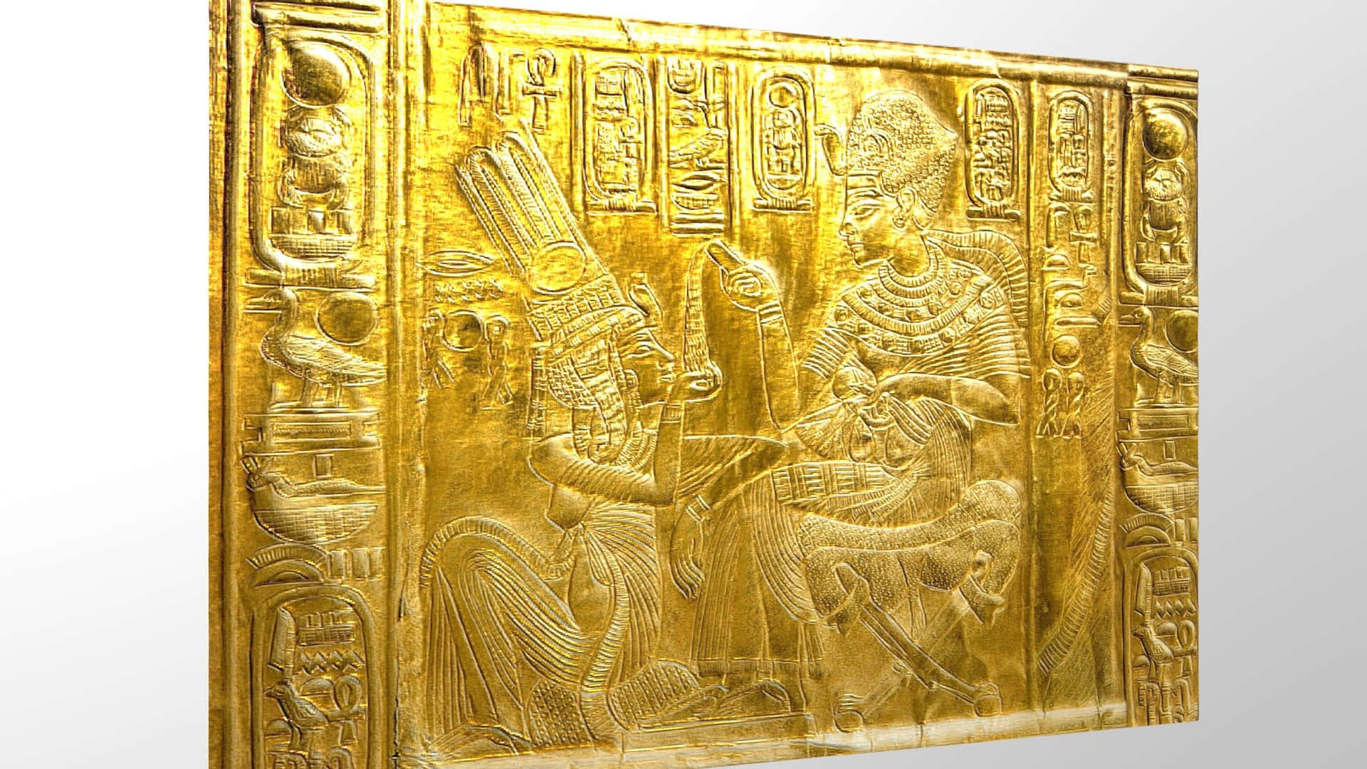 Ancient Egypt 桌布 壁紙 — 金色埃及浮雕，描繪兩尊坐像，鑲嵌於飾有象形文字的面板，細節精緻立體。