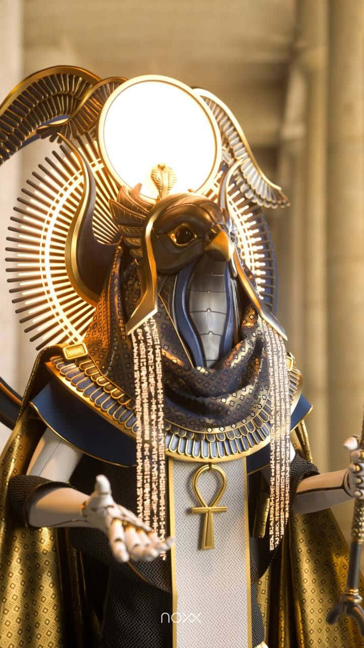 Egyptian Gods 桌布 壁紙 — 金色埃及神祇帶有太陽盤和翅膀，在華麗服飾中散發神聖力量。