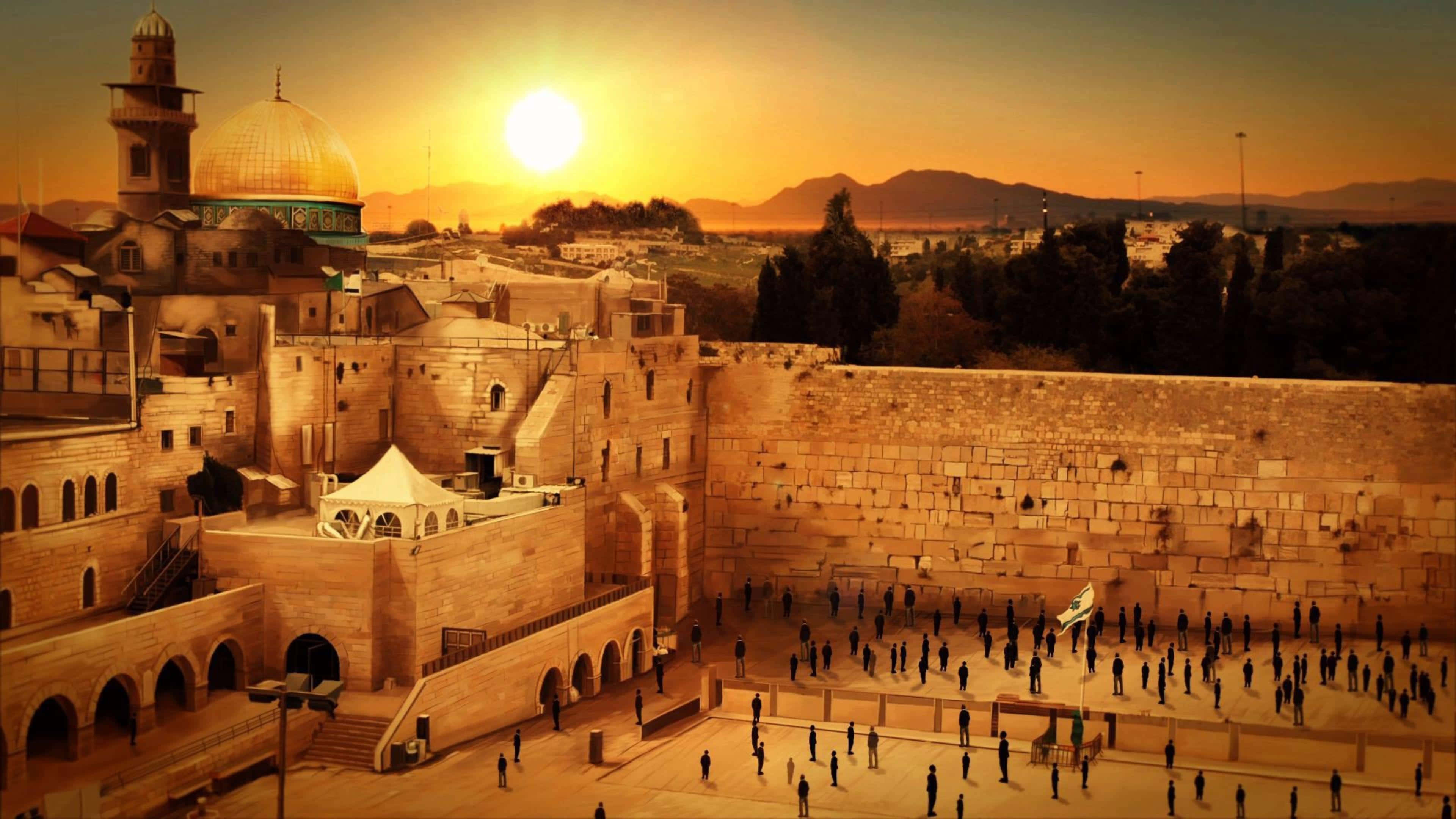 Israel 桌布 壁紙 — 金色夕陽以溫暖光線沐浴西牆和圓頂清真寺，下方剪影般的朝聖者聚集。