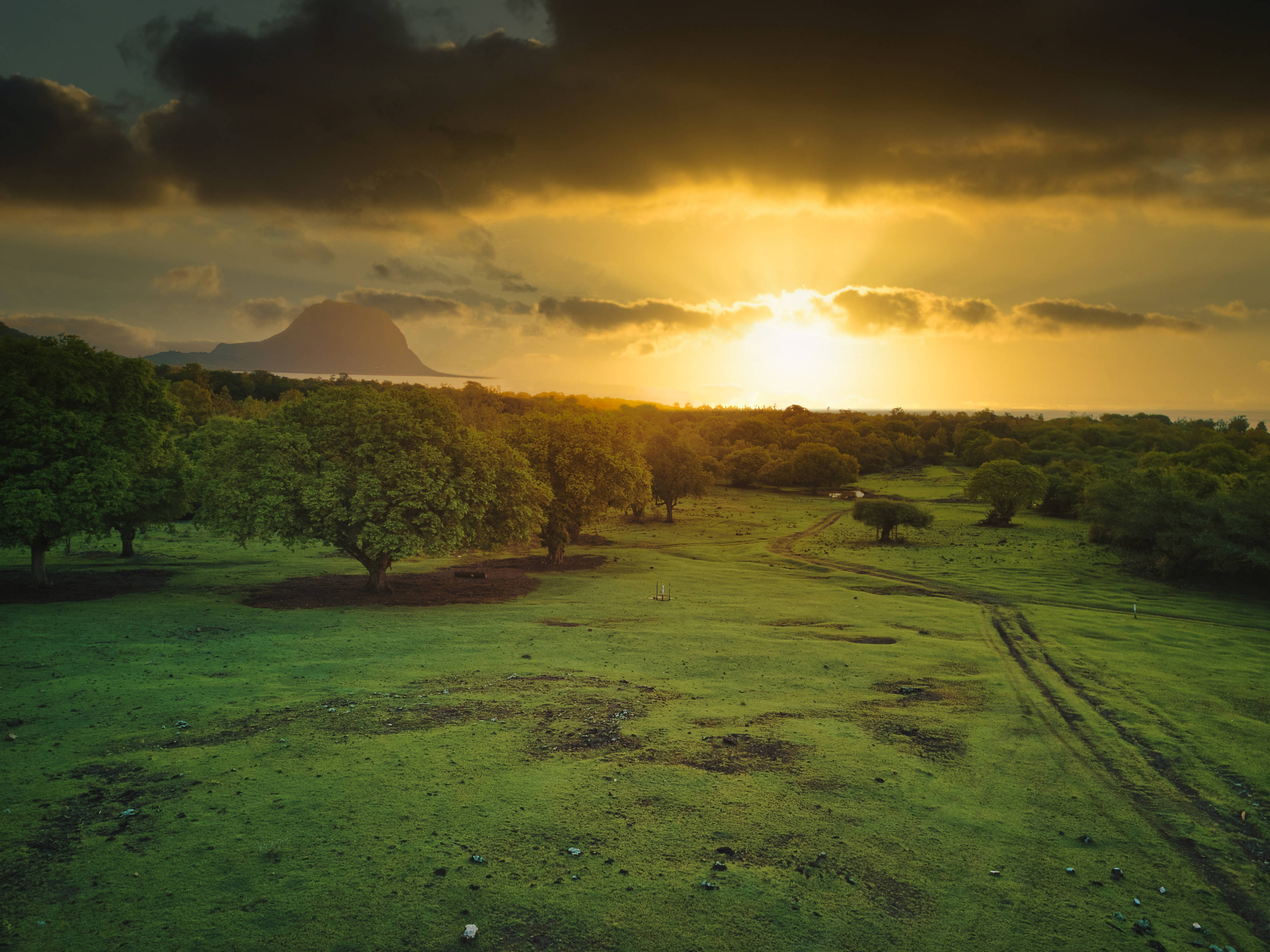 Mauritius 桌布 壁紙 — 金色夕陽光束穿透烏雲，照耀在點綴著樹木和遠山輪廓的茂密綠野上。