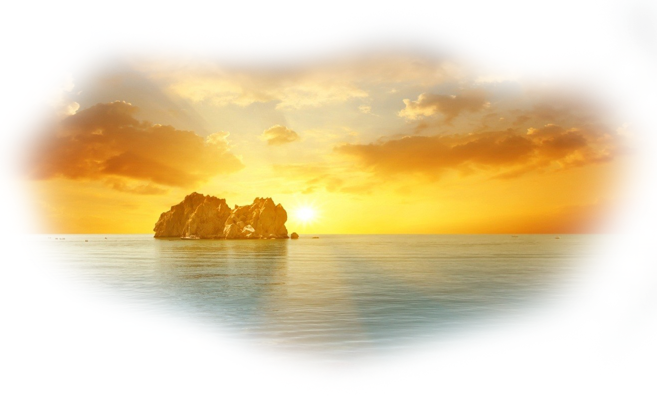 Sunrays 桌布 壁紙 — 金色夕陽在平靜海洋上，被色彩繽紛的故障風格邊框框住的岩石島後方發光。
