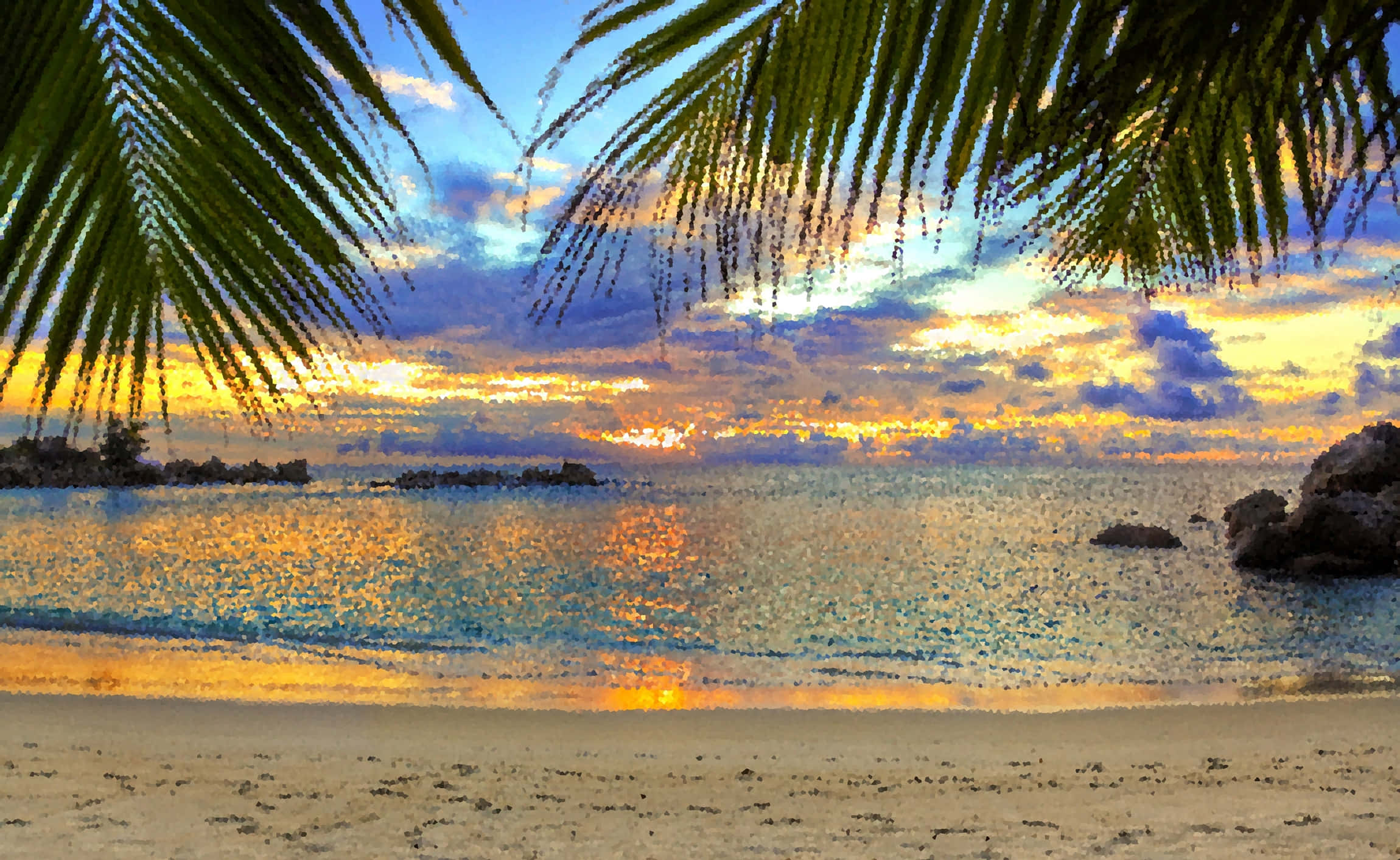 Pixel Beach 桌布 壁紙 — 金色夕陽在熱帶海灘上，被茂密綠色棕櫚葉框住的平靜碧綠海水上閃耀。