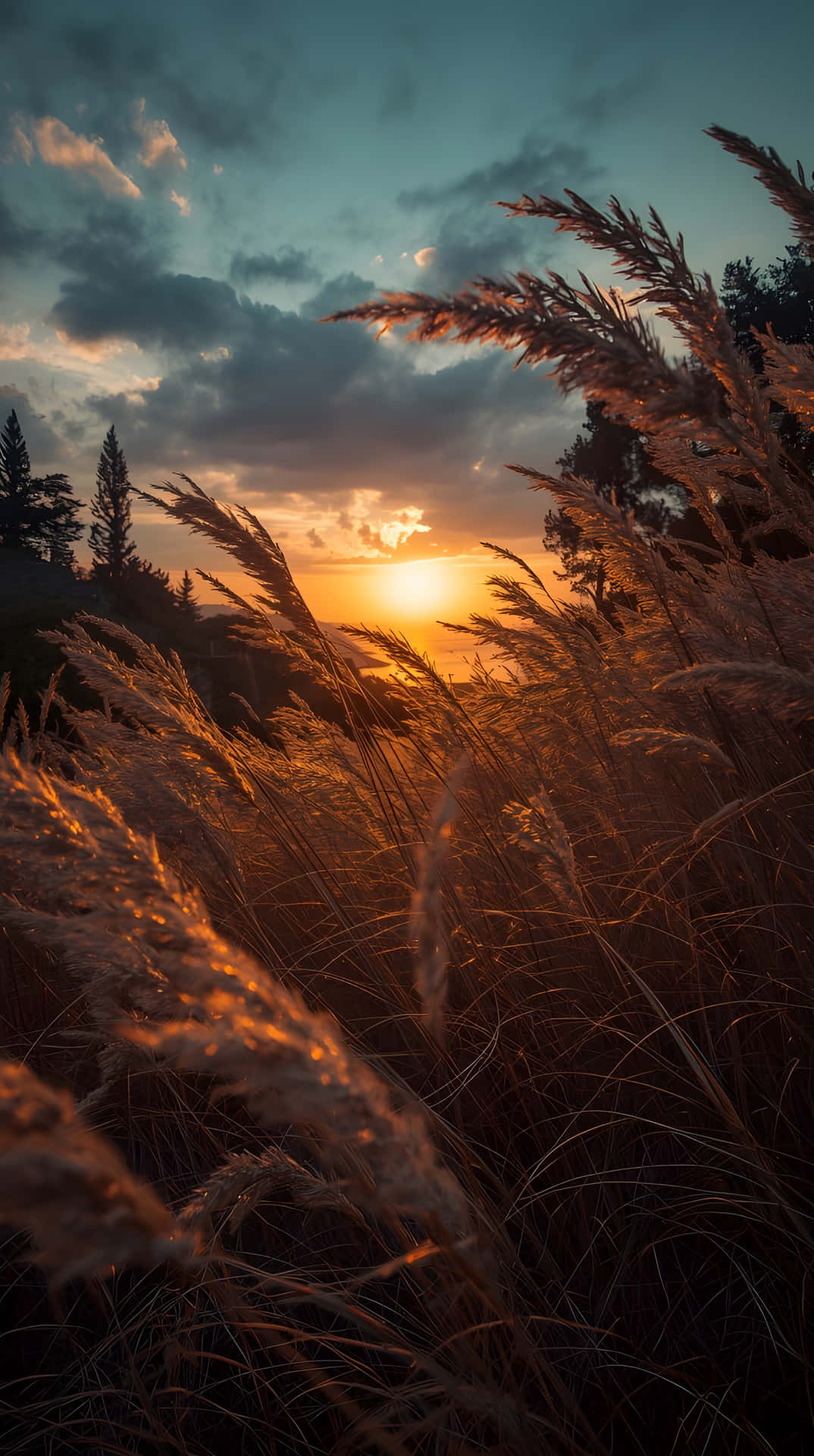 Cinematic Sunset Meadow Wallpaper 壁紙 — 金色夕陽在高草後閃耀，雲彩劃過深藍色的天空。
