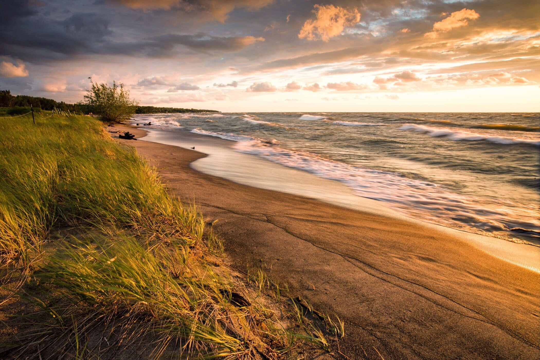 Lake Erie 桌布 壁紙 — 金色夕陽將溫暖光線灑在沙灘海浪上，浪花在戲劇性的雲層下拍打沙丘草。