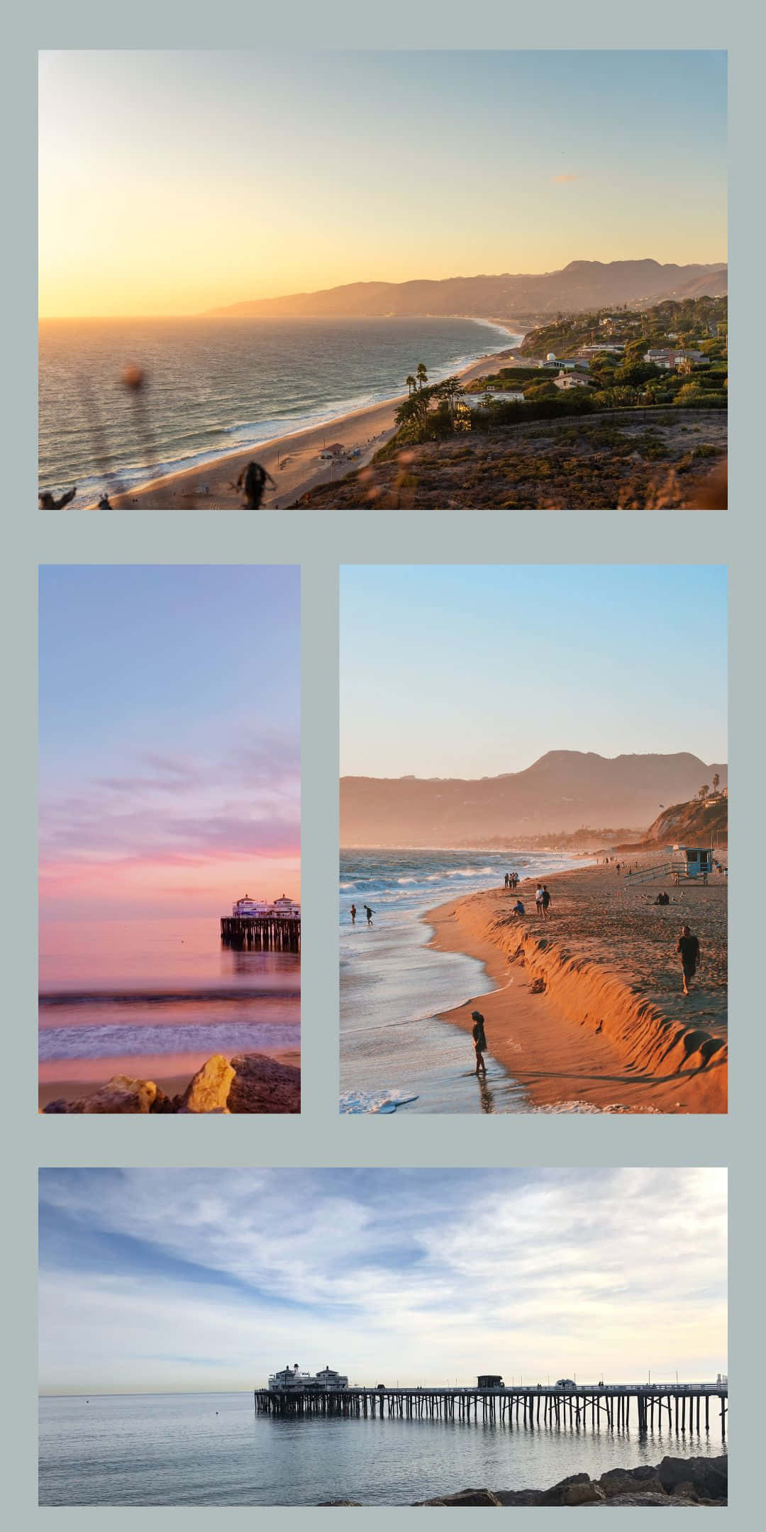 Pixel 3 Malibu 桌布 壁紙 — 金色夕陽沐浴著海岸碼頭和沙灘，遠方有山脈和零星的海灘遊客。