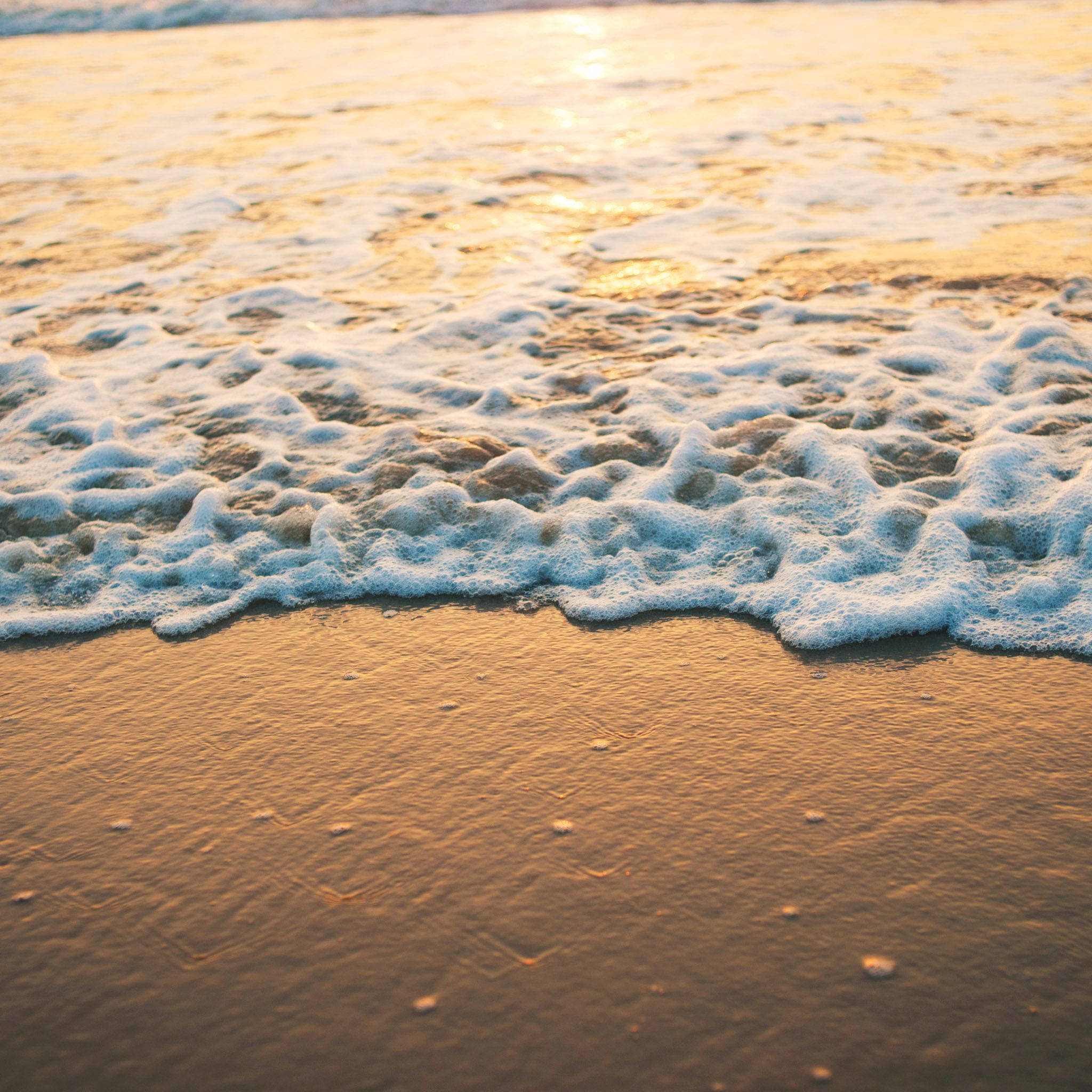 Apple Beach 桌布 壁紙 — 金色夕陽海浪輕輕拍打濕沙，在寧靜的海岸場景中形成柔軟的白色泡沫。