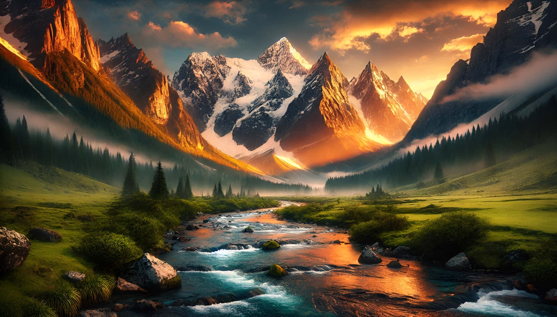 Mountain landscape at sunrise, with golden light and a peaceful river 壁紙 — 金色夕陽灑落在積雪山脈與蜿蜒流經翠綠山谷的河流上。