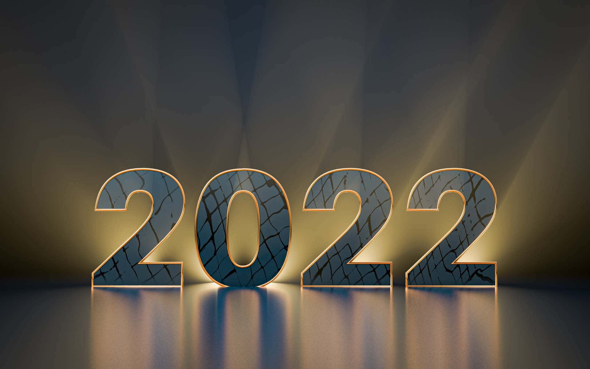 Gold And Silver 桌布 壁紙 — 金色外框的2022數字，帶有裂紋的藍色表面，在深色漸變背景上發光，配以戲劇性燈光。