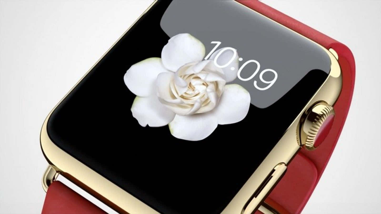 紅色錶帶金色智慧手錶，顯示白色花朵和時間10:09。 — Apple Watch 動態 壁紙