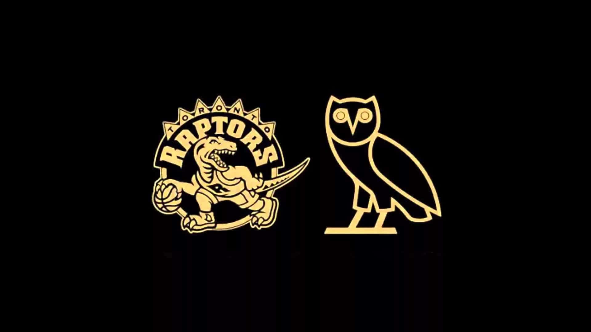 Ovoxo 桌布 壁紙 — 金色多倫多暴龍隊標誌和OVO貓頭鷹標誌在黑色背景上發光。