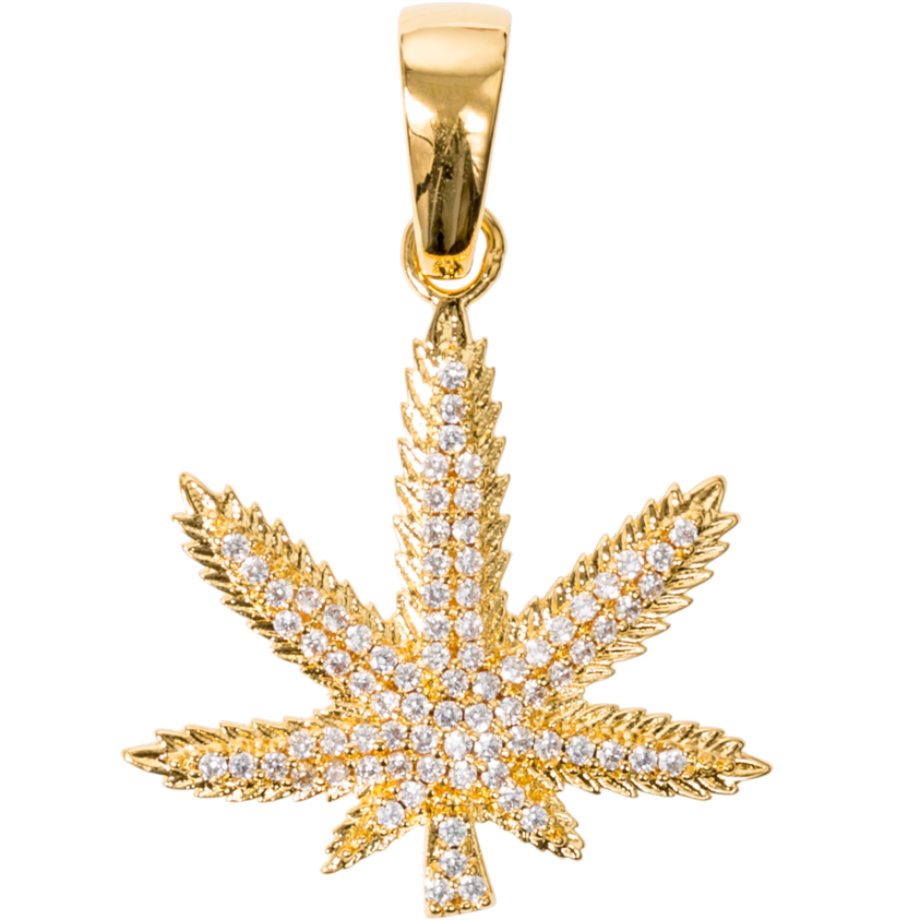 黑幫動圖 桌布 壁紙 — 金色大麻葉吊墜，鑲嵌閃亮透明寶石，黑色背景。