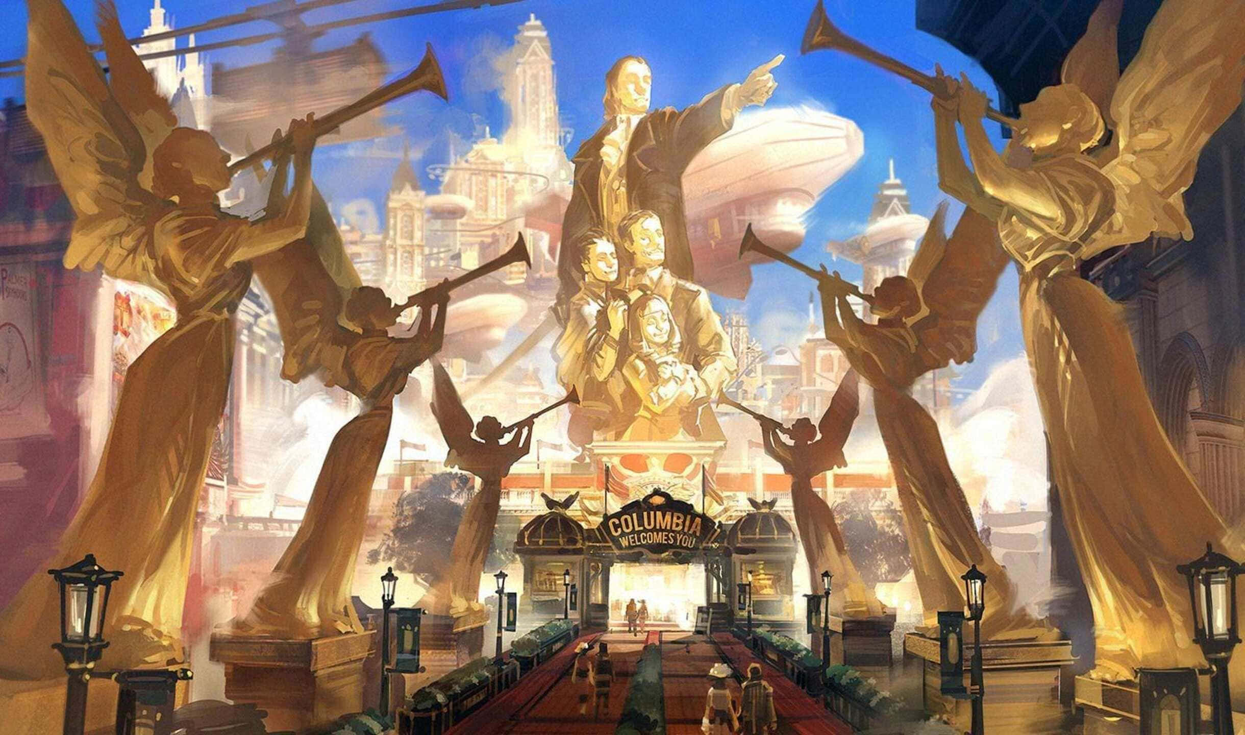 電玩遊戲 桌布 壁紙 — 金色天使雕像吹奏號角，兩旁矗立於通往奇幻城市景觀的宏偉入口，上方是明亮的藍天。