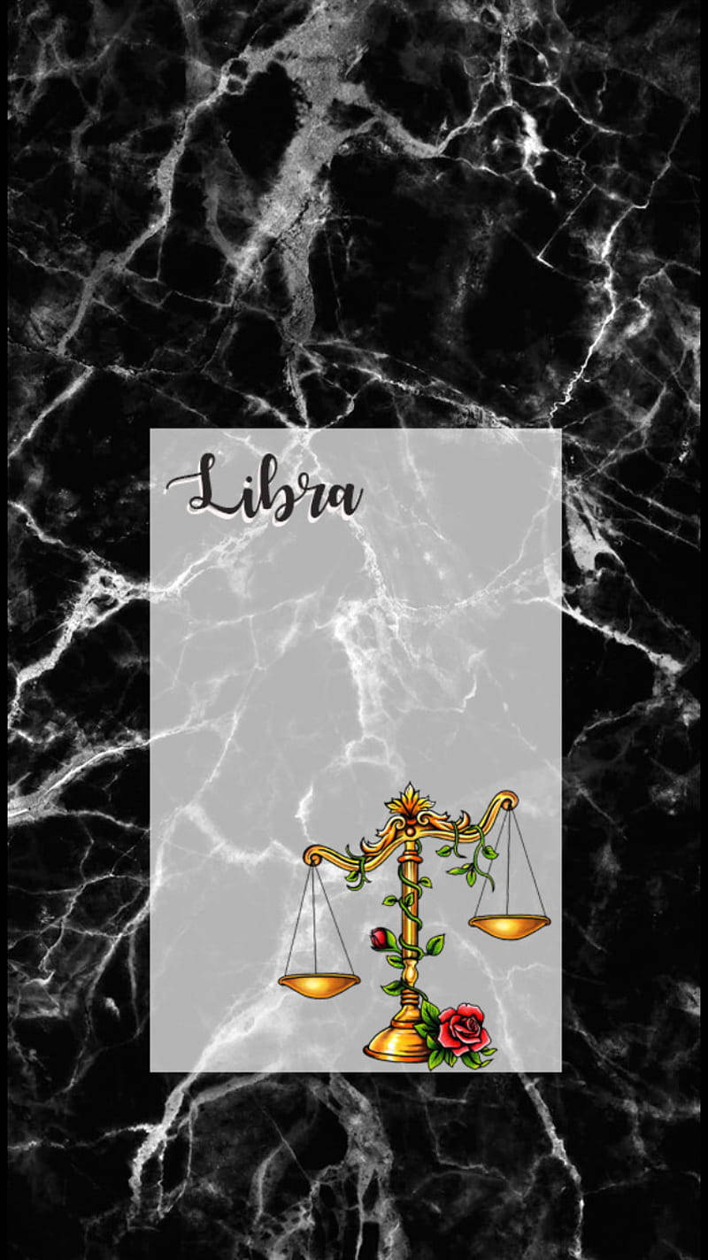 libra 桌布 壁紙 — 金色天秤座天秤點綴著紅玫瑰，放在灰色大理石板上，背景為黑色大理石。