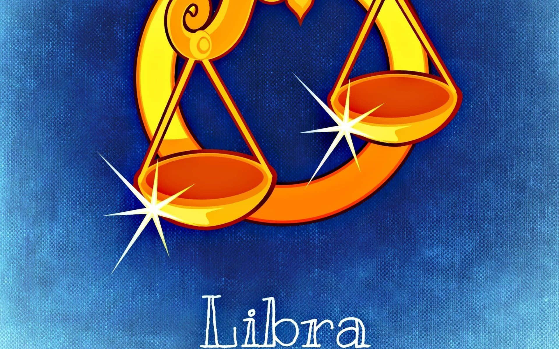 libra 桌布 壁紙 — 金色天秤座星座符號，搭配閃爍星星，置於有紋理的藍色背景上。